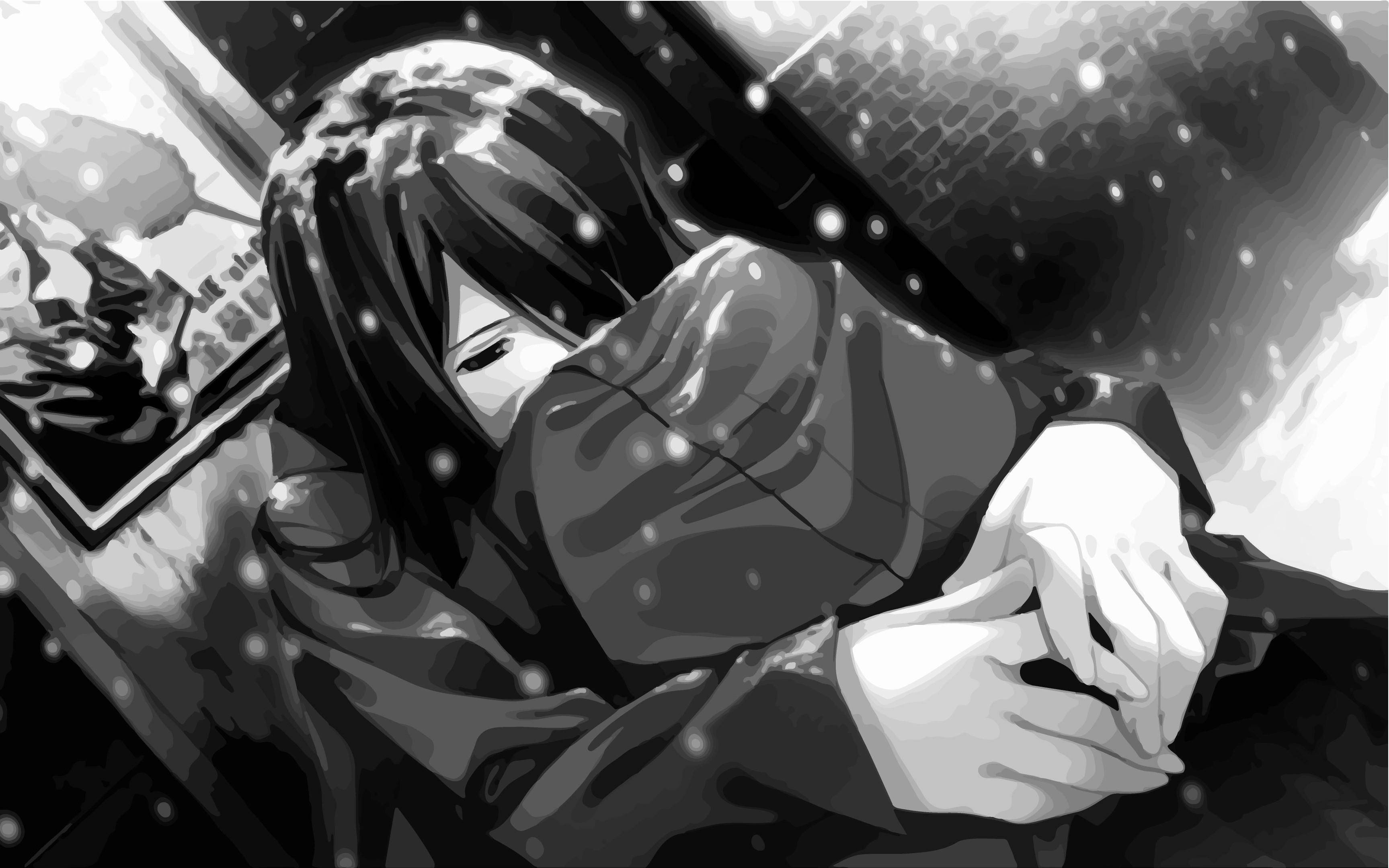 Msichana wa Anime Mwenye Huzuni Anayelia Nyeusi na Nyeupe kwa Kompyuta ya Meza Picha ya Ukuta