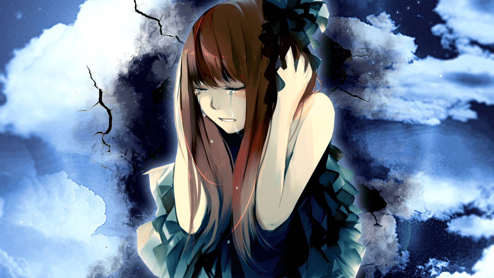 Msichana wa Anime Mwenye Huzuni na Mkazo wa Aesthetic Picha ya Ukuta