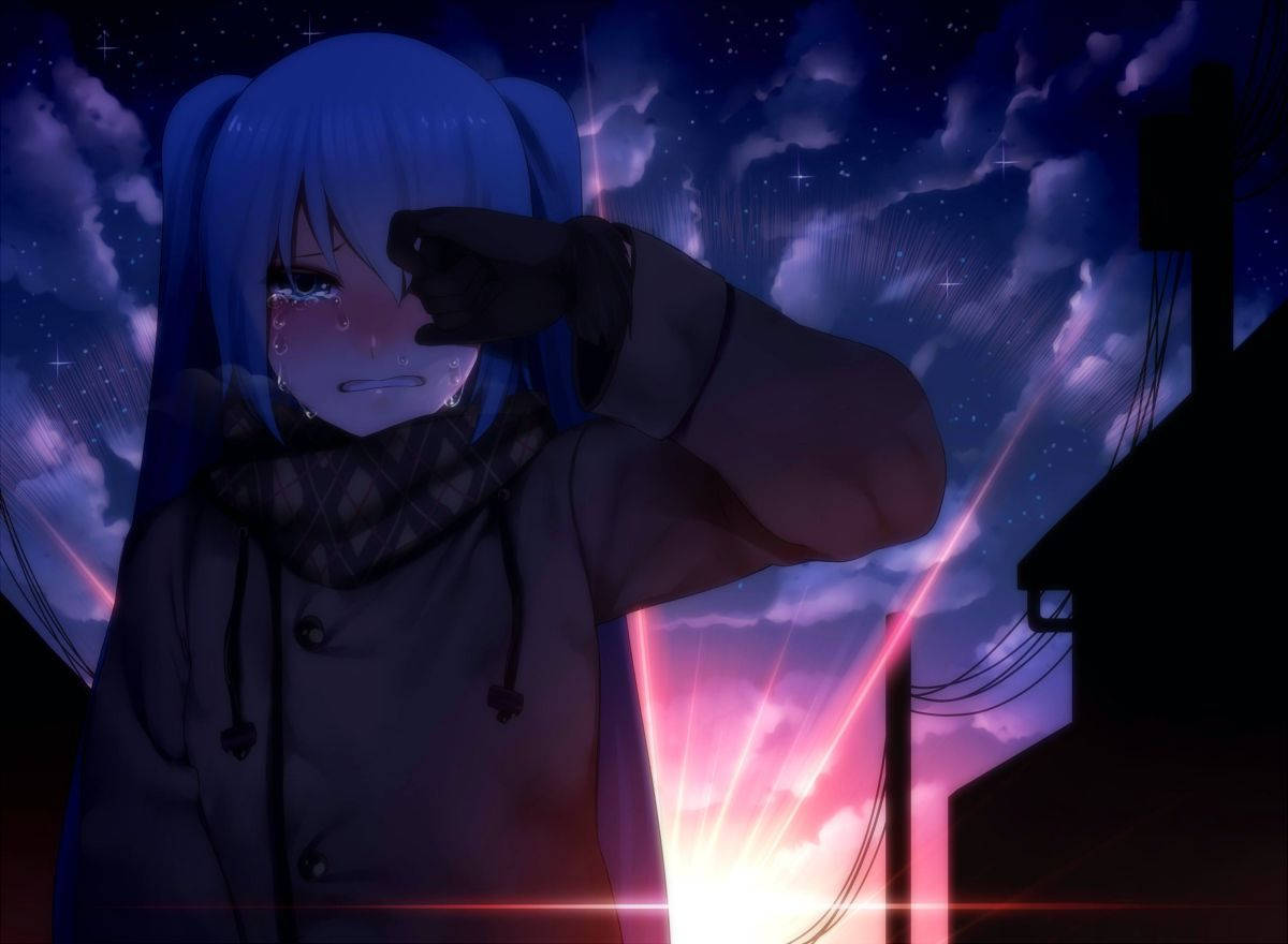 Msichana wa Anime Mwenye Huzuni Wakati wa Machweo ya Jua Picha ya Ukuta