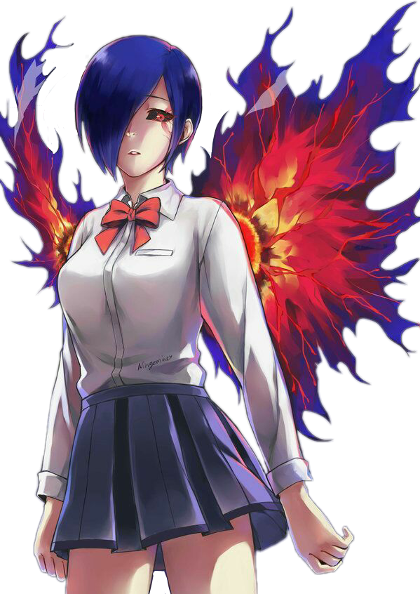 Msichana wa Anime Mwenye Nywele za Bluu na Mabawa ya Moto Picha ya Ukuta
