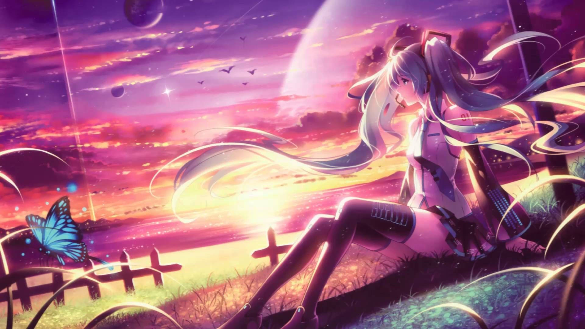 Msichana wa Anime Mwenye Nywele za Mkia wa Nguruwe Nightcore Picha ya Ukuta