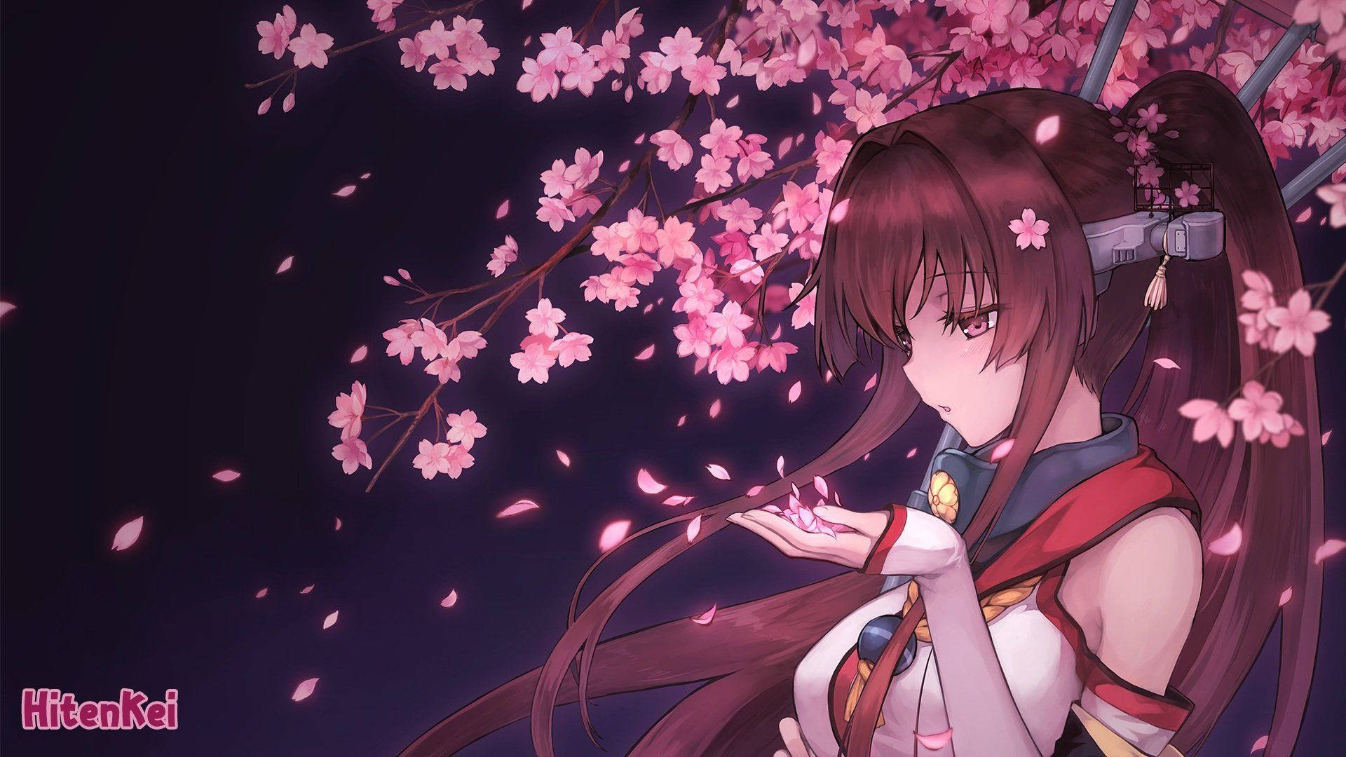 Msichana wa anime simama chini ya mti wa sakura unaochipua Picha ya Ukuta