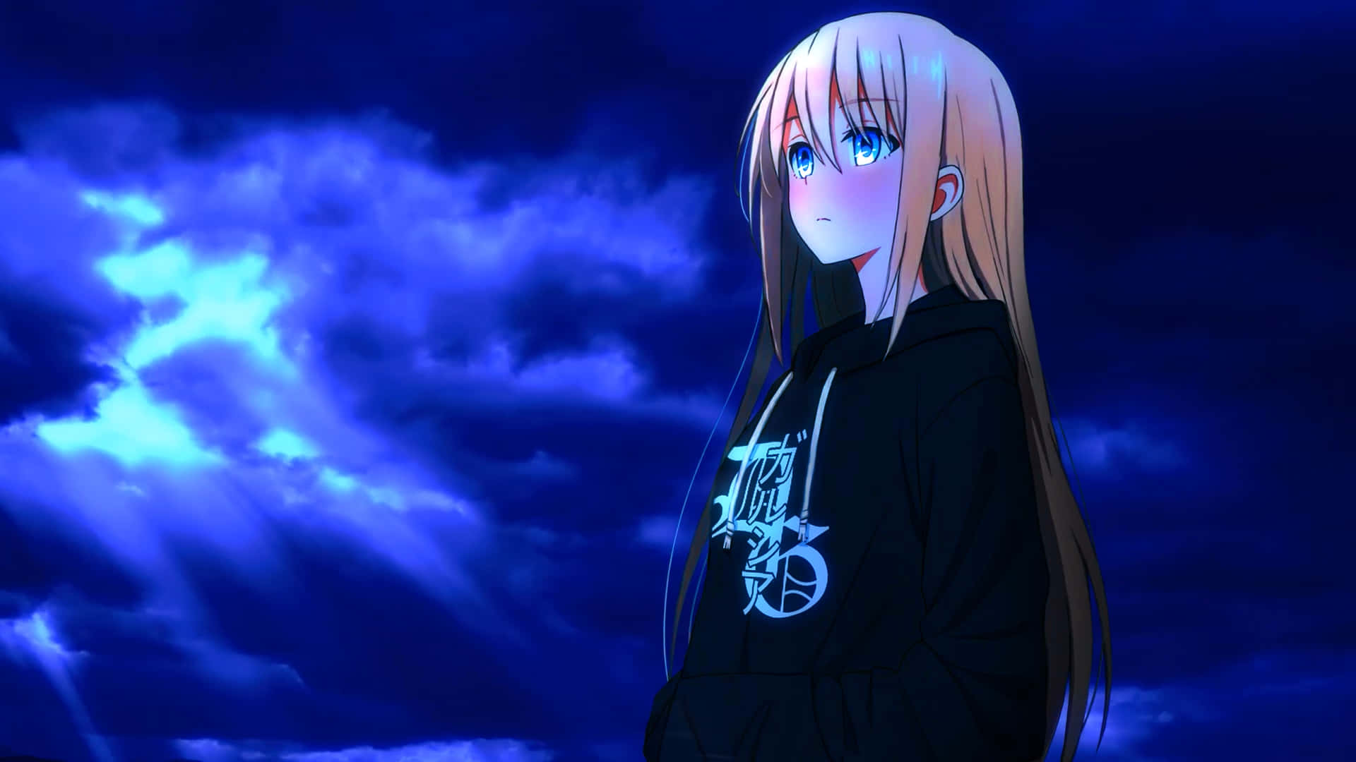 Msichana wa Anime wa 1920x1080 Bluu Giza Picha ya Ukuta