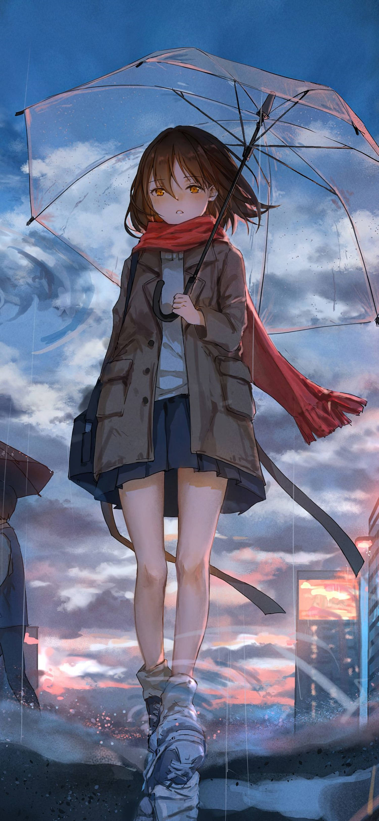 Msichana wa Anime wa 4K kwa iPhone Akiwa na Skafu Nyekundu Picha ya Ukuta
