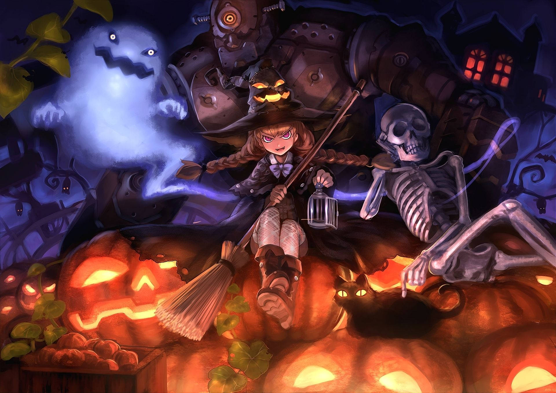 Msichana wa Anime wa Halloween Akining'inia na Mzimu, Mifupa, Roboti Picha ya Ukuta