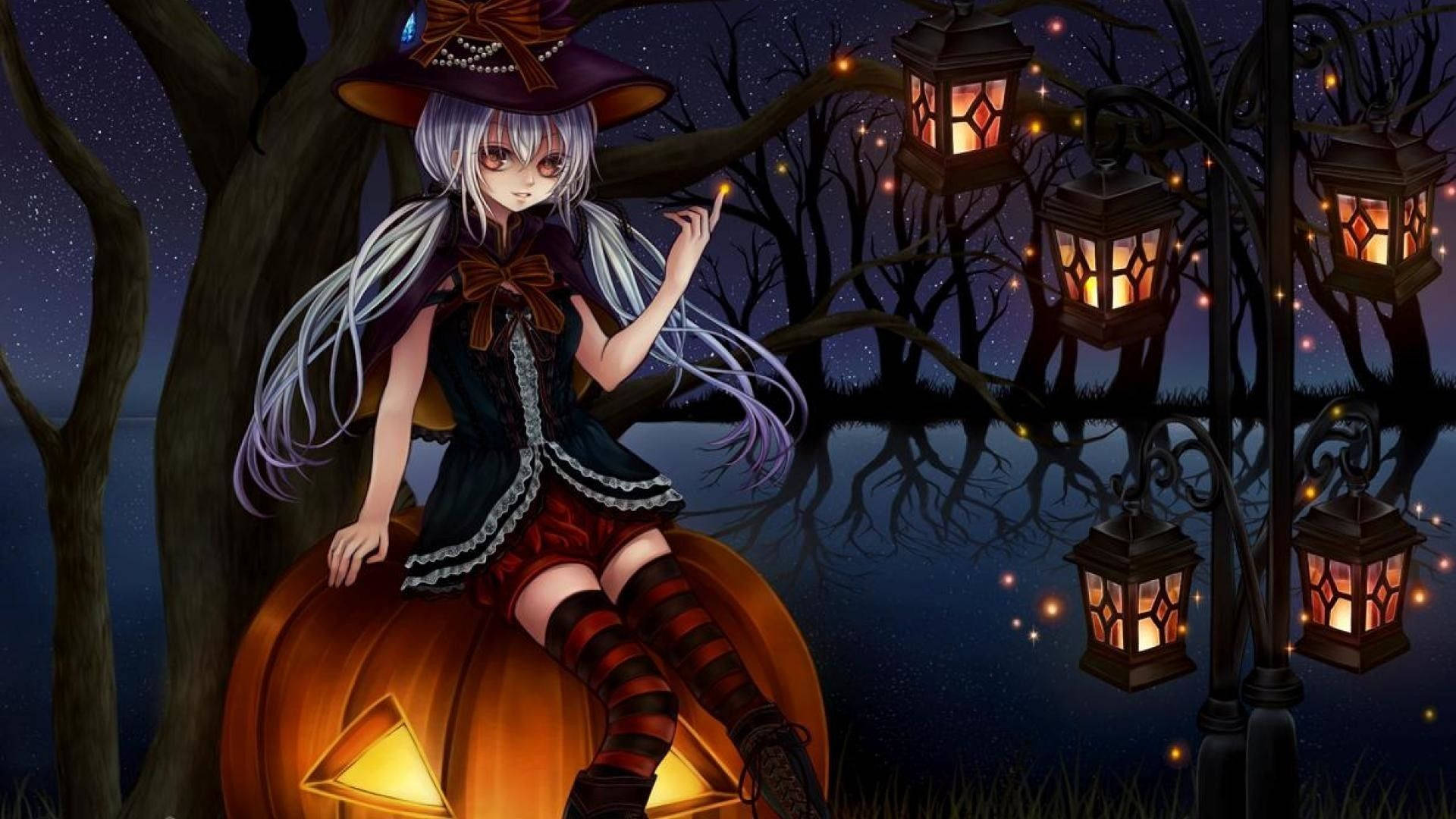 Msichana wa Halloween wa Katuni Juu ya Boga Picha ya Ukuta
