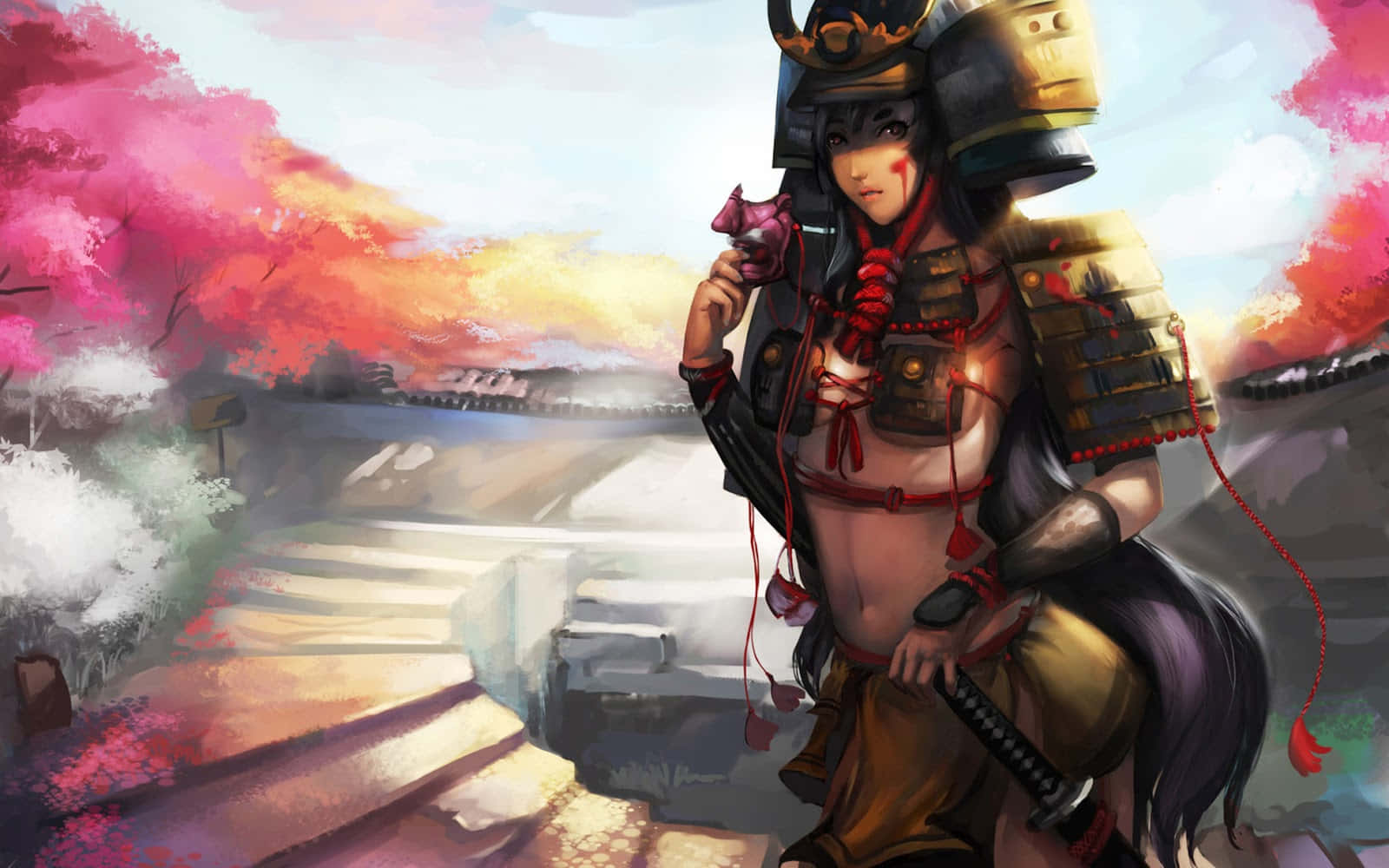 Msichana wa Samurai wa Anime Silaha Katana Picha ya Ukuta