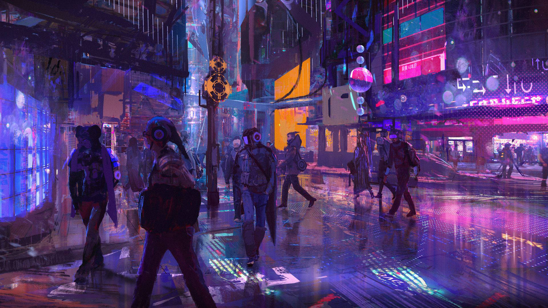 Mtaa wa Cyberpunk wa Neoni ya Rangi ya Zambarau Picha ya Ukuta