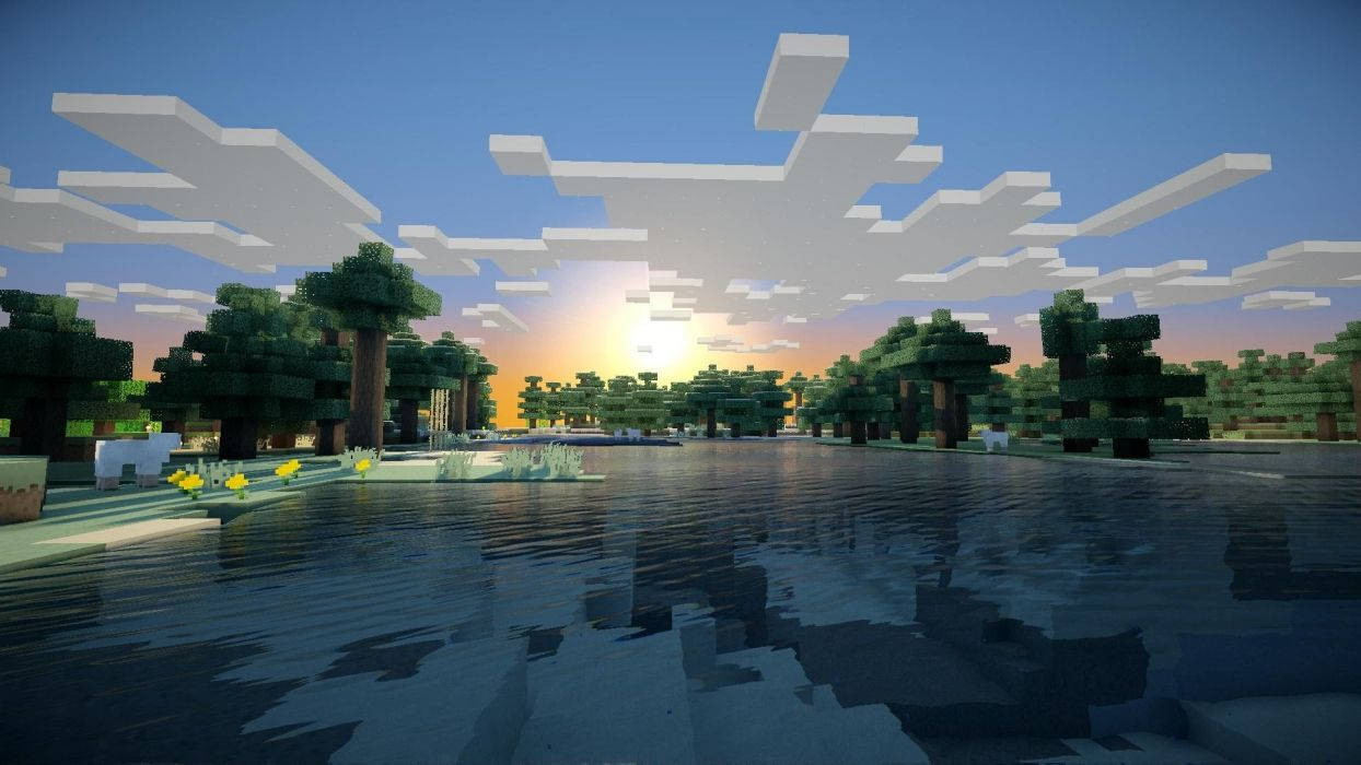 Mtazamo Mzuri wa Macheo yenye Mawingu Minecraft Picha ya Ukuta