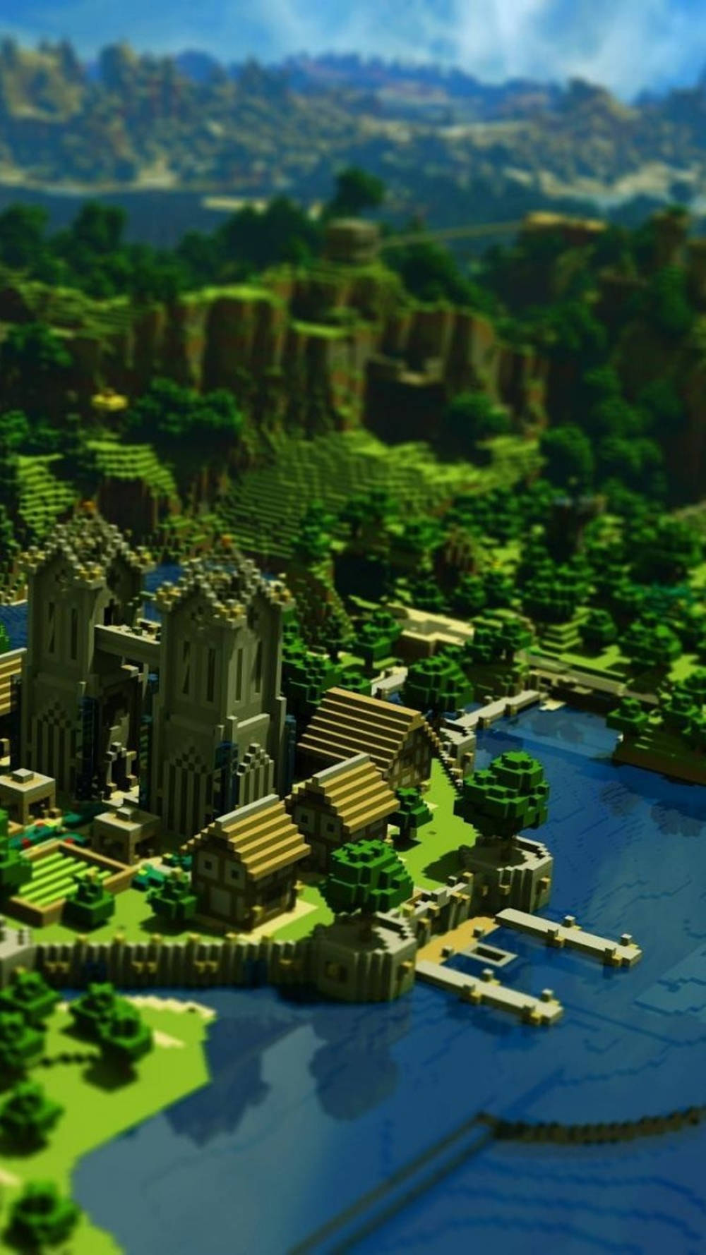 Mtazamo wa juu wa Jiji la Kijani la Minecraft kwenye Simu Picha ya Ukuta