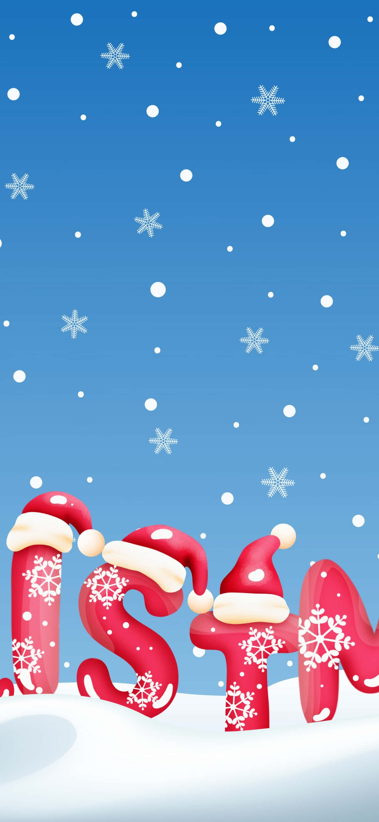 mti wa krismasi na kofia za santa na theluji Picha ya Ukuta