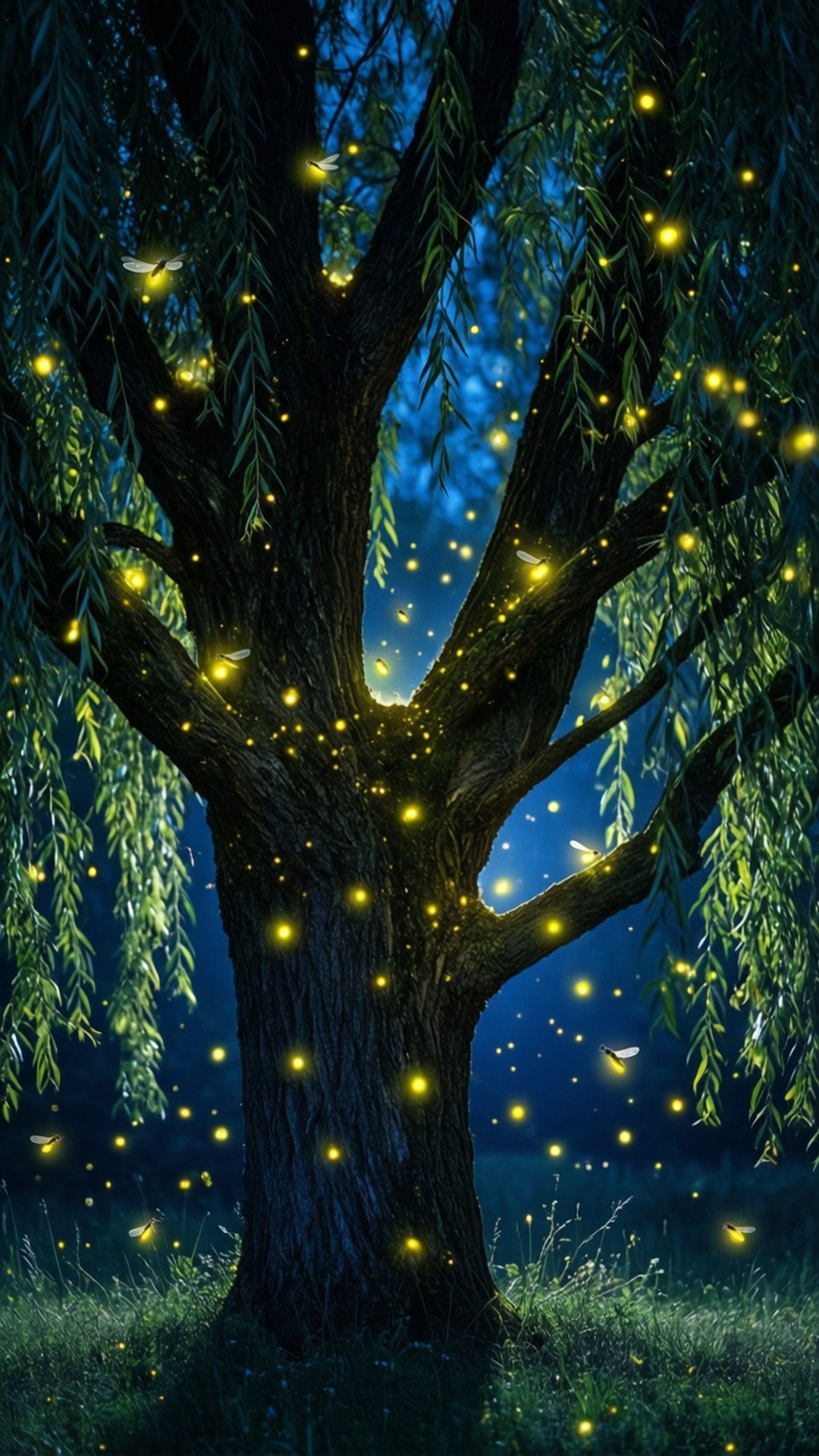 Mti wa Willow na Mwanga wa Firefly Picha ya Ukuta
