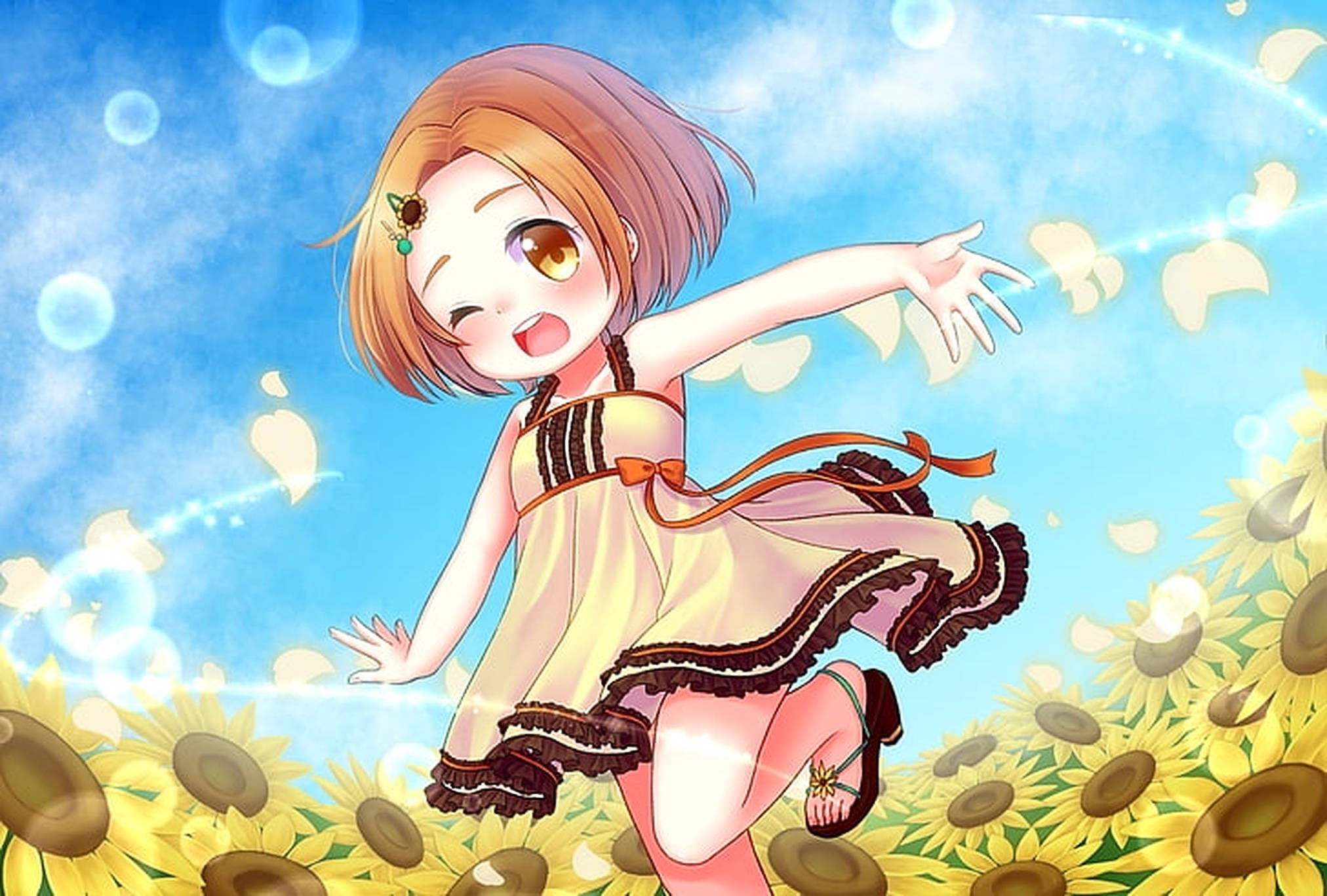 Mtoto wa Anime Katika Shamba la Alizeti Picha ya Ukuta