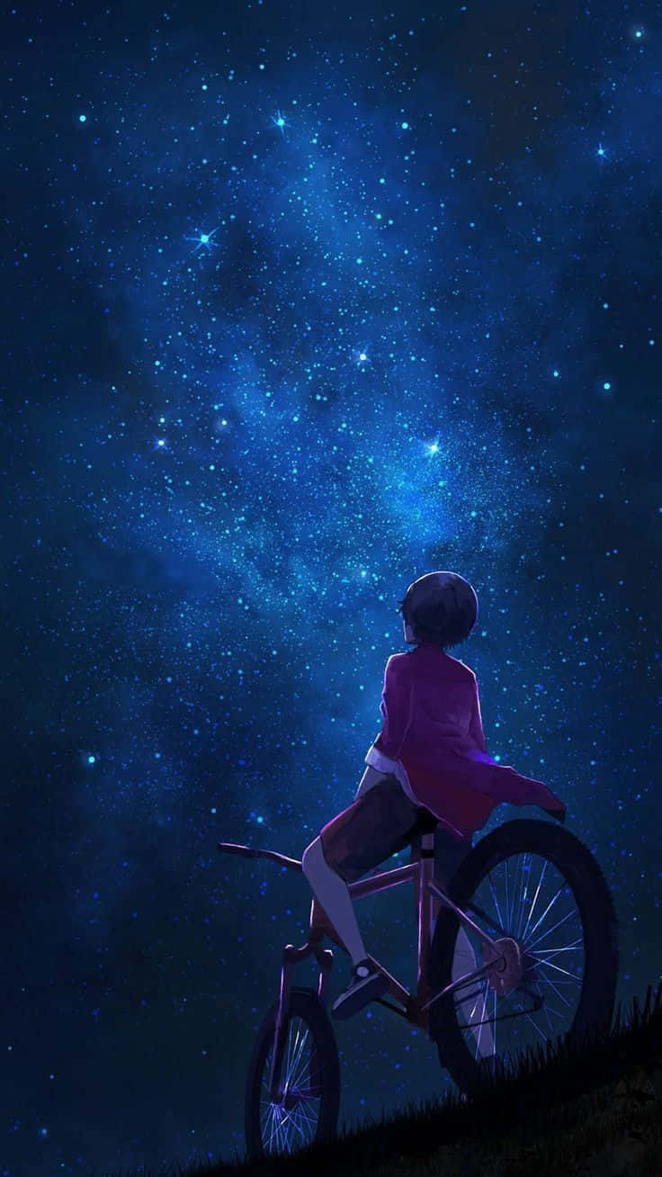 Mtu wa Baiskeli Nyekundu Akiangalia Juu Usiku Anga la Anime Picha ya Ukuta