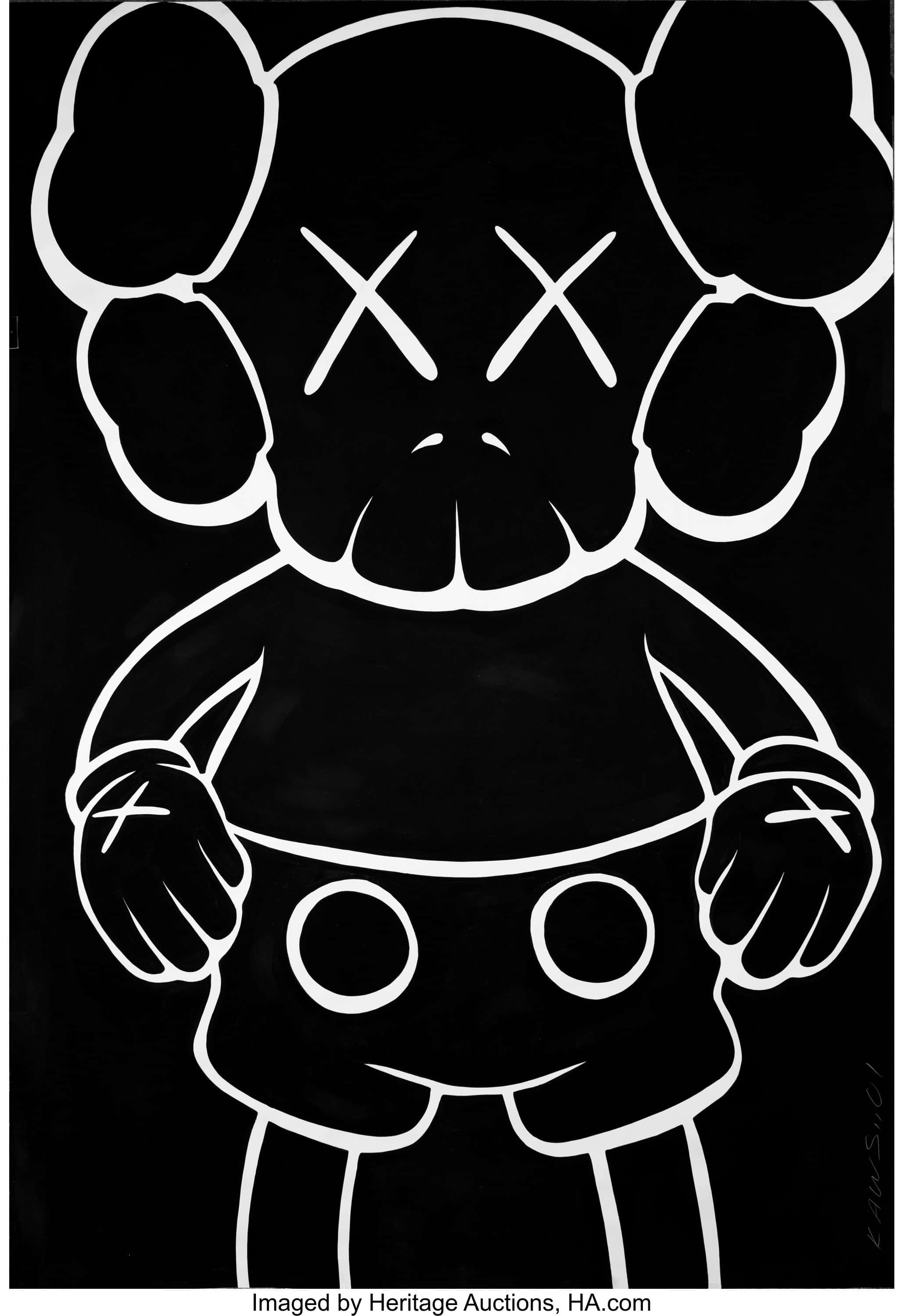 Mtu wa Kaws Companion wa ikoni anayetazama juu kwenye mbingu ya bluu Picha ya Ukuta