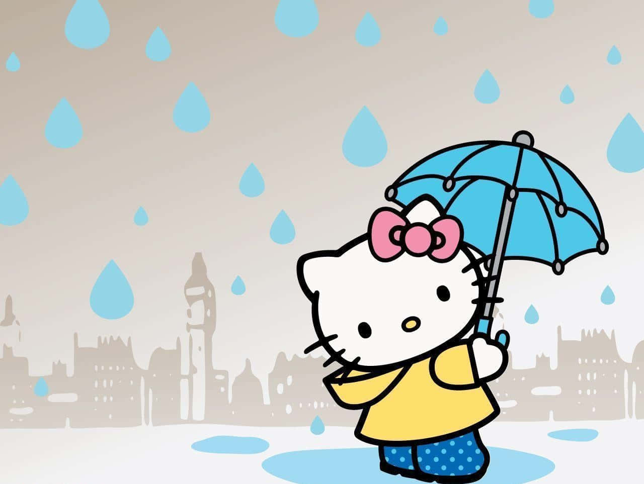 Mvua ya Jiji la Hello Kitty Kwenye Kompyuta Picha ya Ukuta