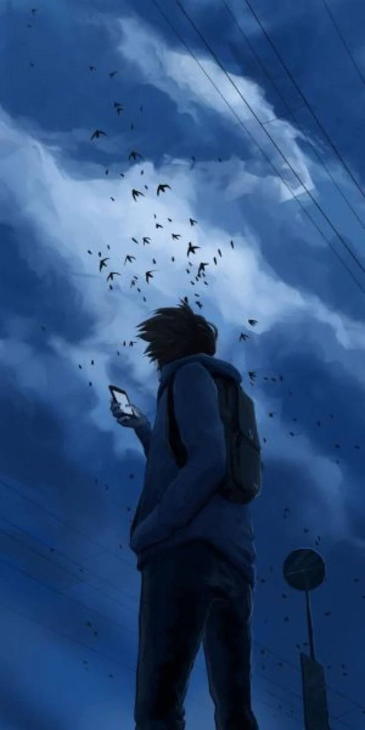Mvulana Akiwa Peke Yake Katika Anime Chini ya Anga la Giza Picha ya Ukuta