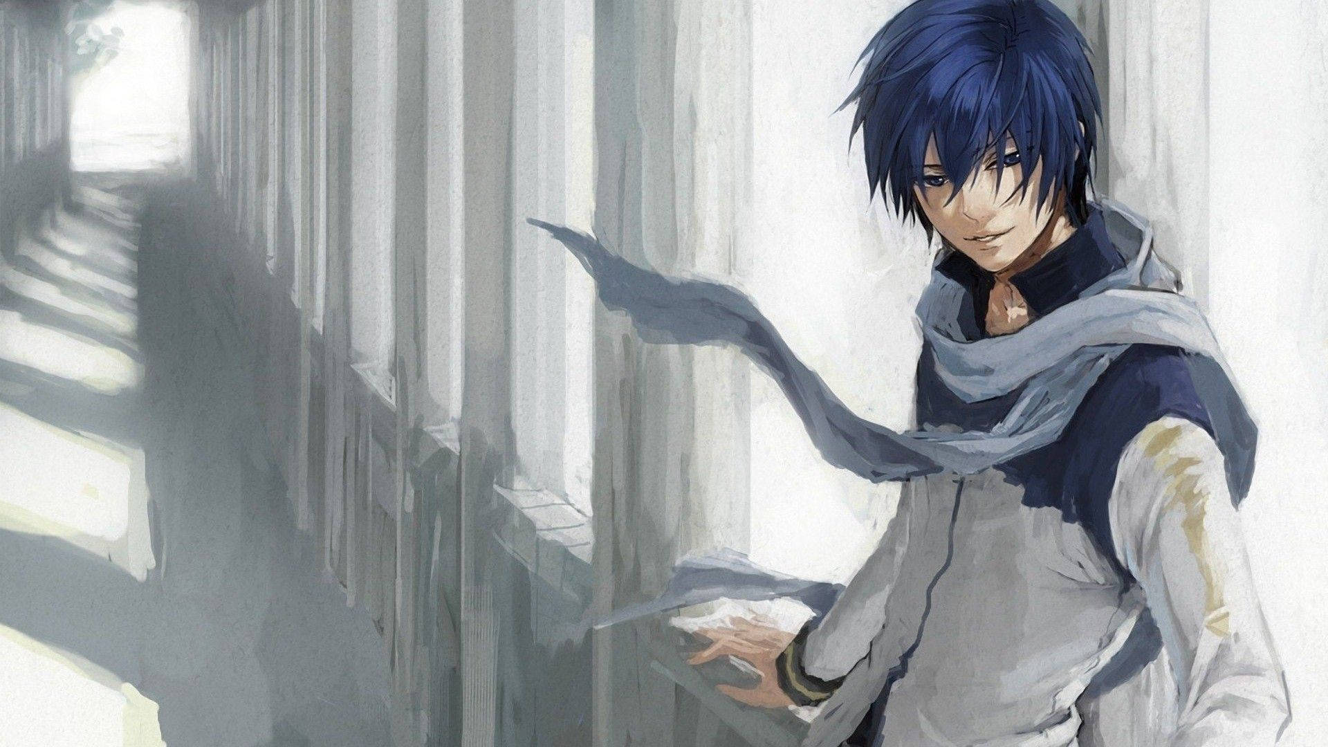 Mvulana Mdogo wa Anime Mwenye Nywele za Bluu Picha ya Ukuta