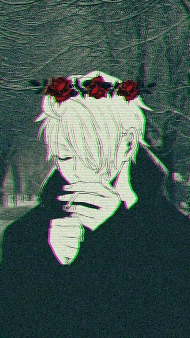 Mvulana Mrembo wa Anime Akiwa na Taji la Waridi Picha ya Ukuta