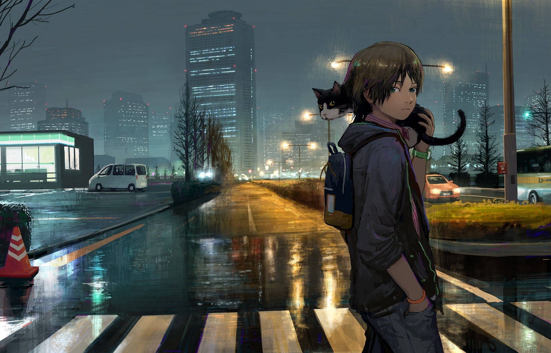 Mvulana Mzuri wa Anime Akibeba Paka Barabarani Picha ya Ukuta