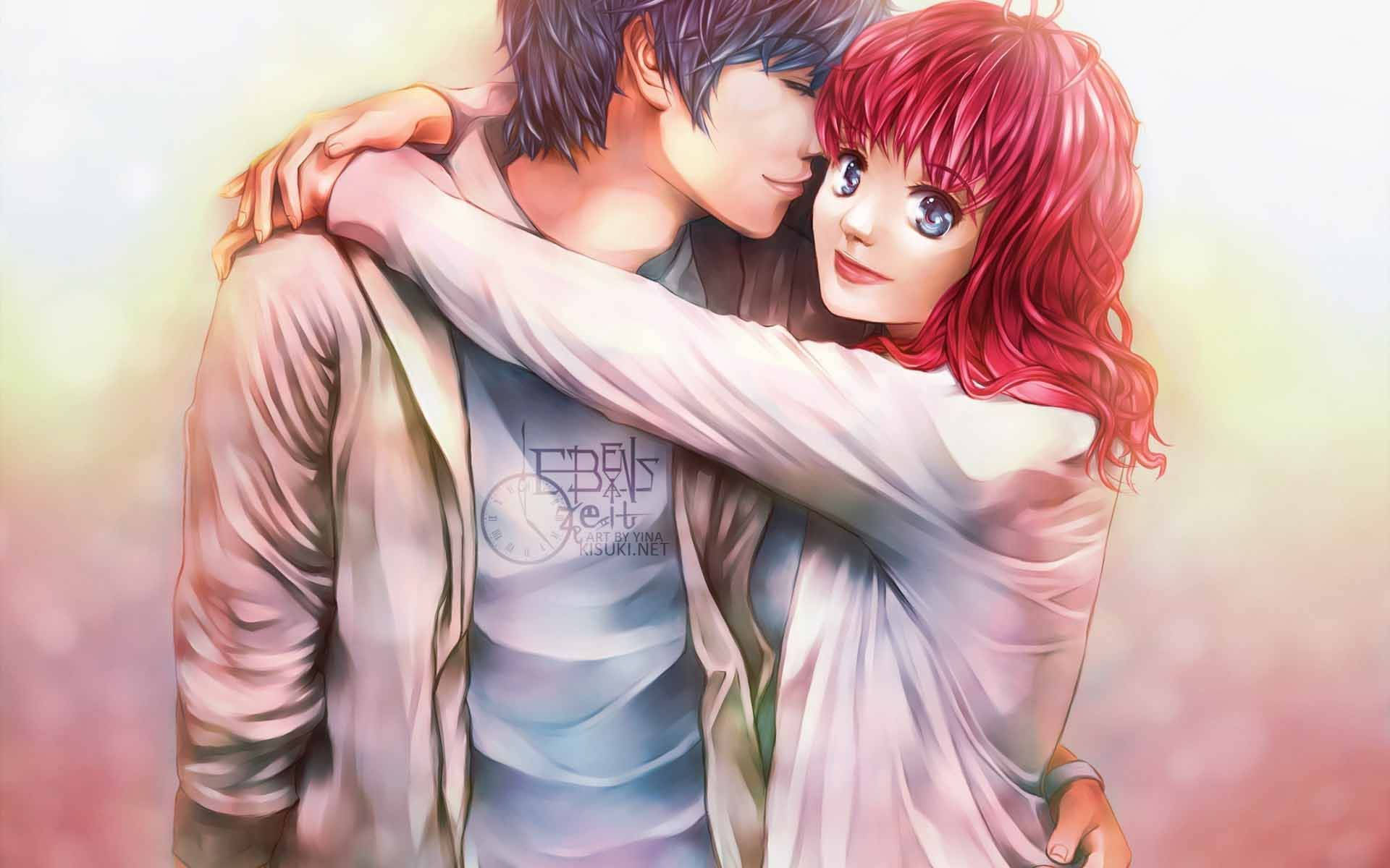 Mvulana na Msichana wa Anime Wakikumbatana Wakiwa na Jacket Picha ya Ukuta