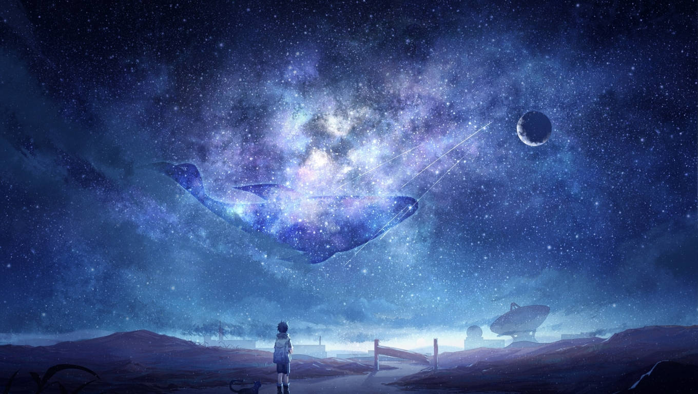 Mvulana wa Anime na Mwezi wa Galaxy Picha ya Ukuta