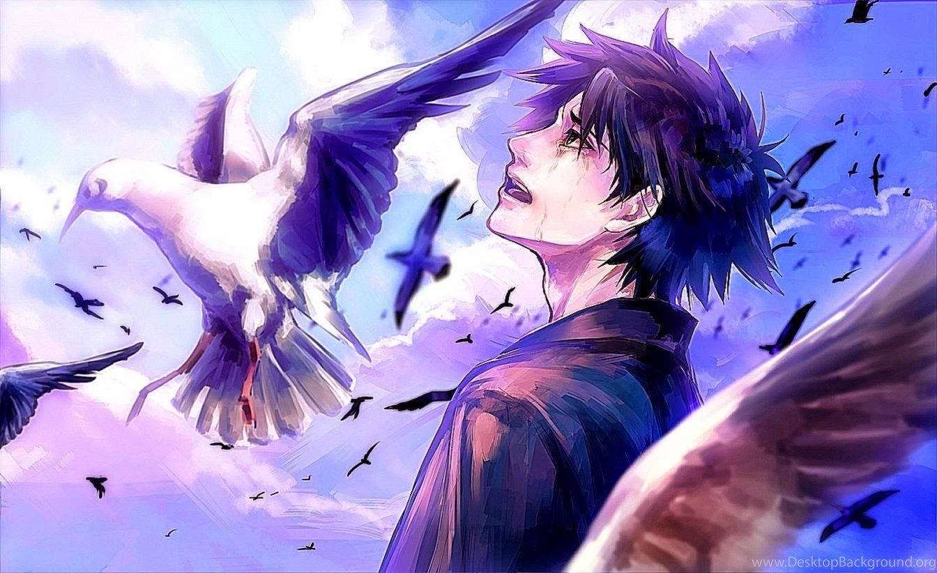 Mvulana wa Anime Mwenye Huzuni, Akiangalia Kundi la Ndege Wanaoruka Peke Yao Picha ya Ukuta