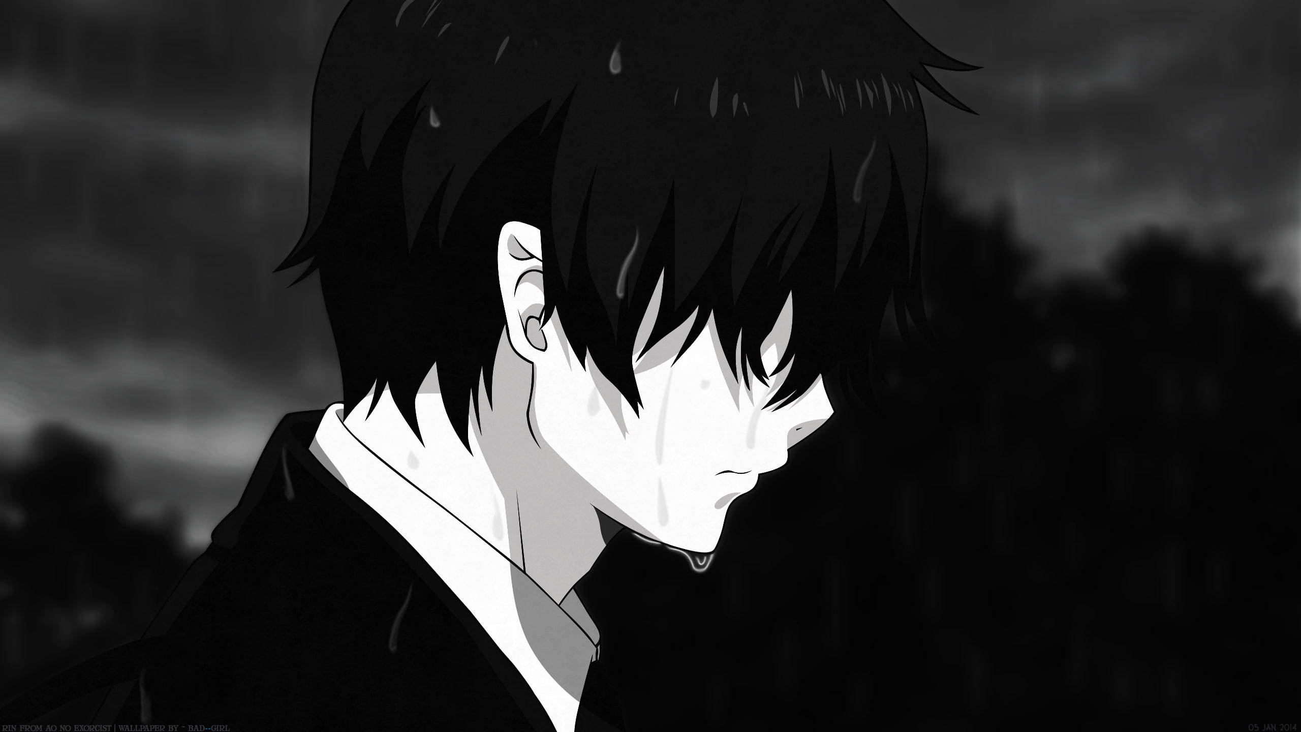 Mvulana wa Anime Mwenye Huzuni Nyeusi na Nyeupe Picha ya Ukuta