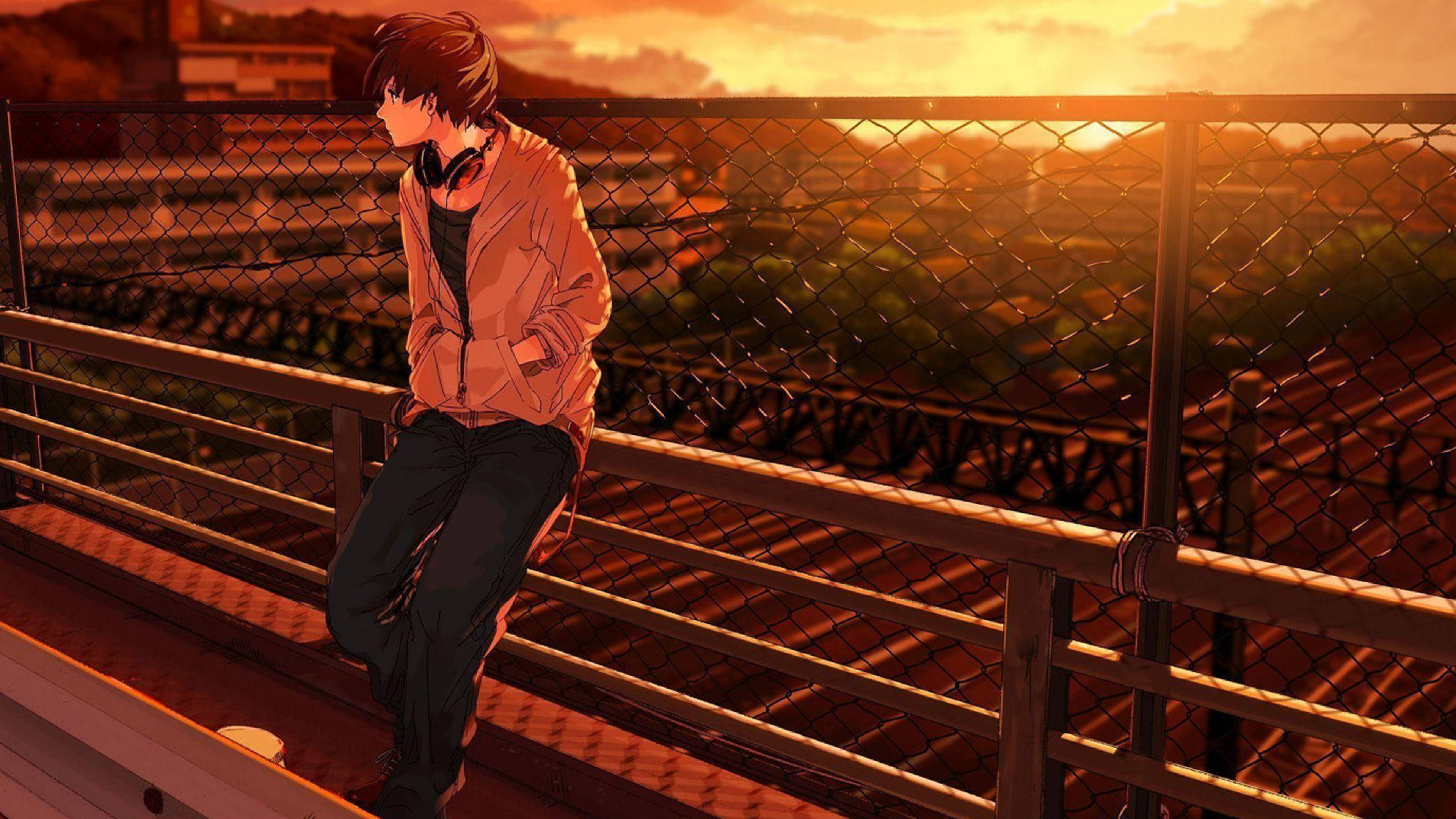Mvulana wa Anime Mwenye Huzuni 4K Akiwa na Vipokea sauti Picha ya Ukuta