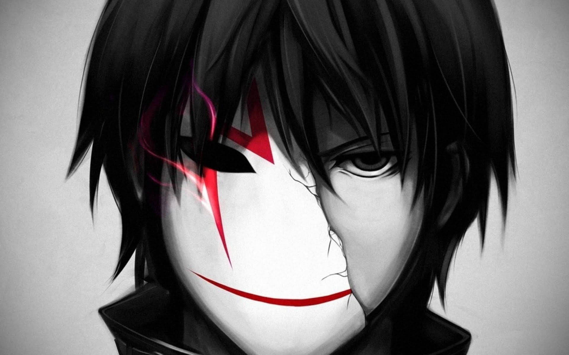 Mvulana wa Anime Nyeusi na Nyeupe Akiwa na Barakoa Picha ya Ukuta