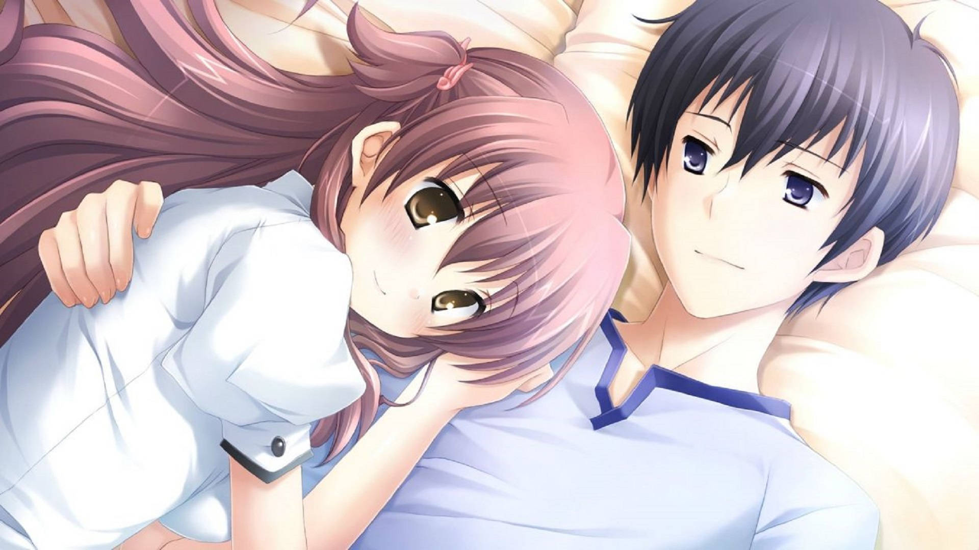Mvutano wa Anime Mvulana na Msichana Kitandani Picha ya Ukuta