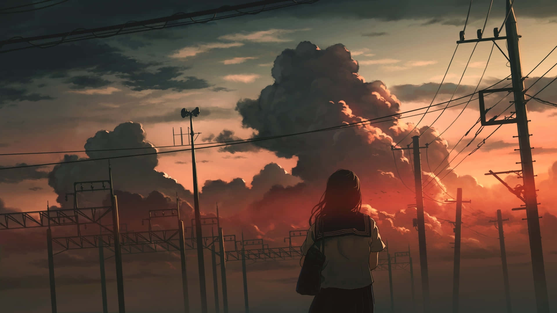 Mwanafunzi wa Shule Anime Jua Linachwa Anga la Mawingu Picha ya Ukuta
