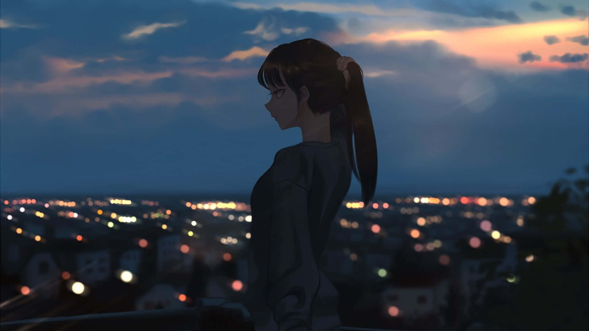 Mwanamke Anatazama Mandhari ya Jiji la Usiku la Anime Picha ya Ukuta