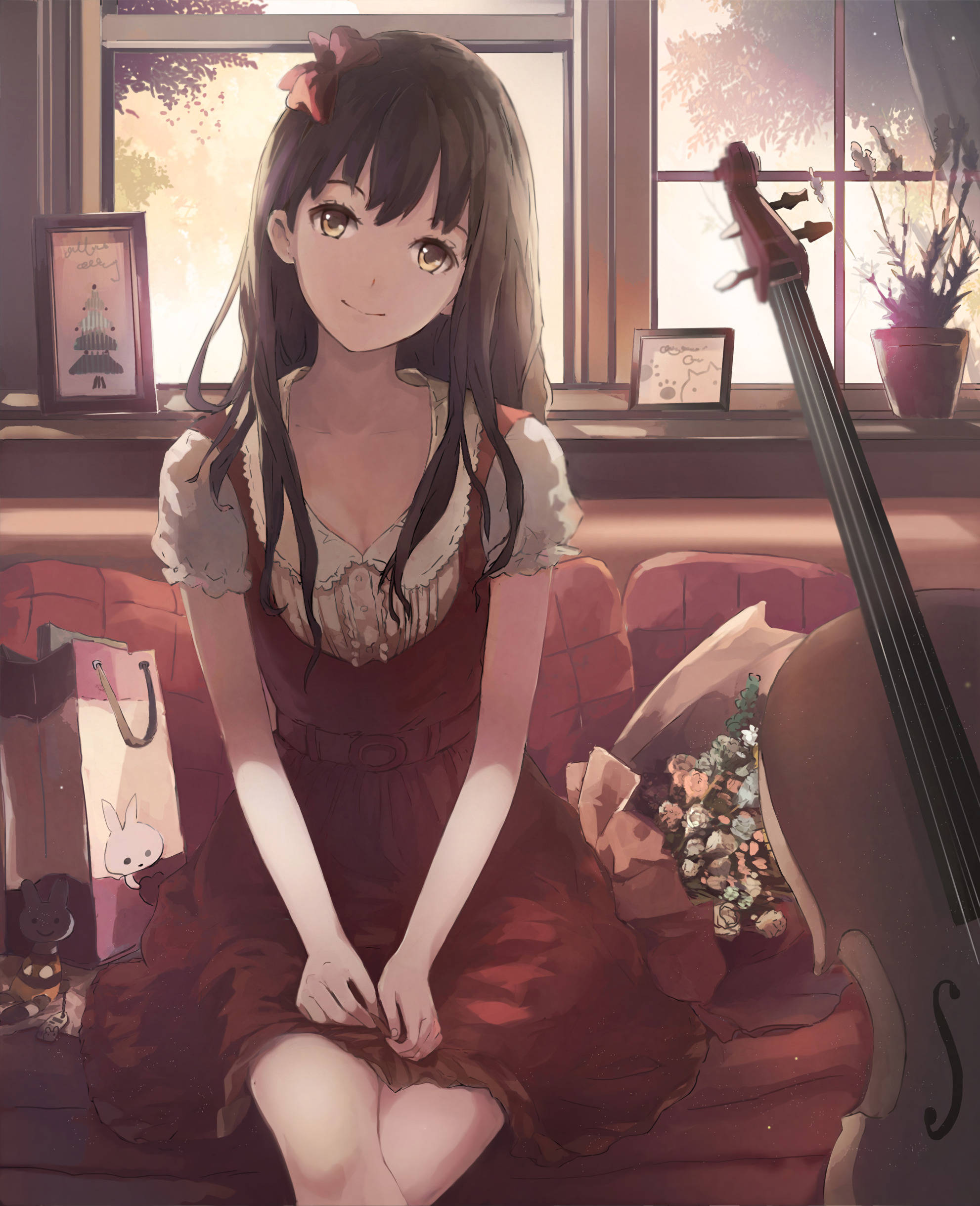 Mwanamke Mdogo wa Anime Mwenye Cello Picha ya Ukuta