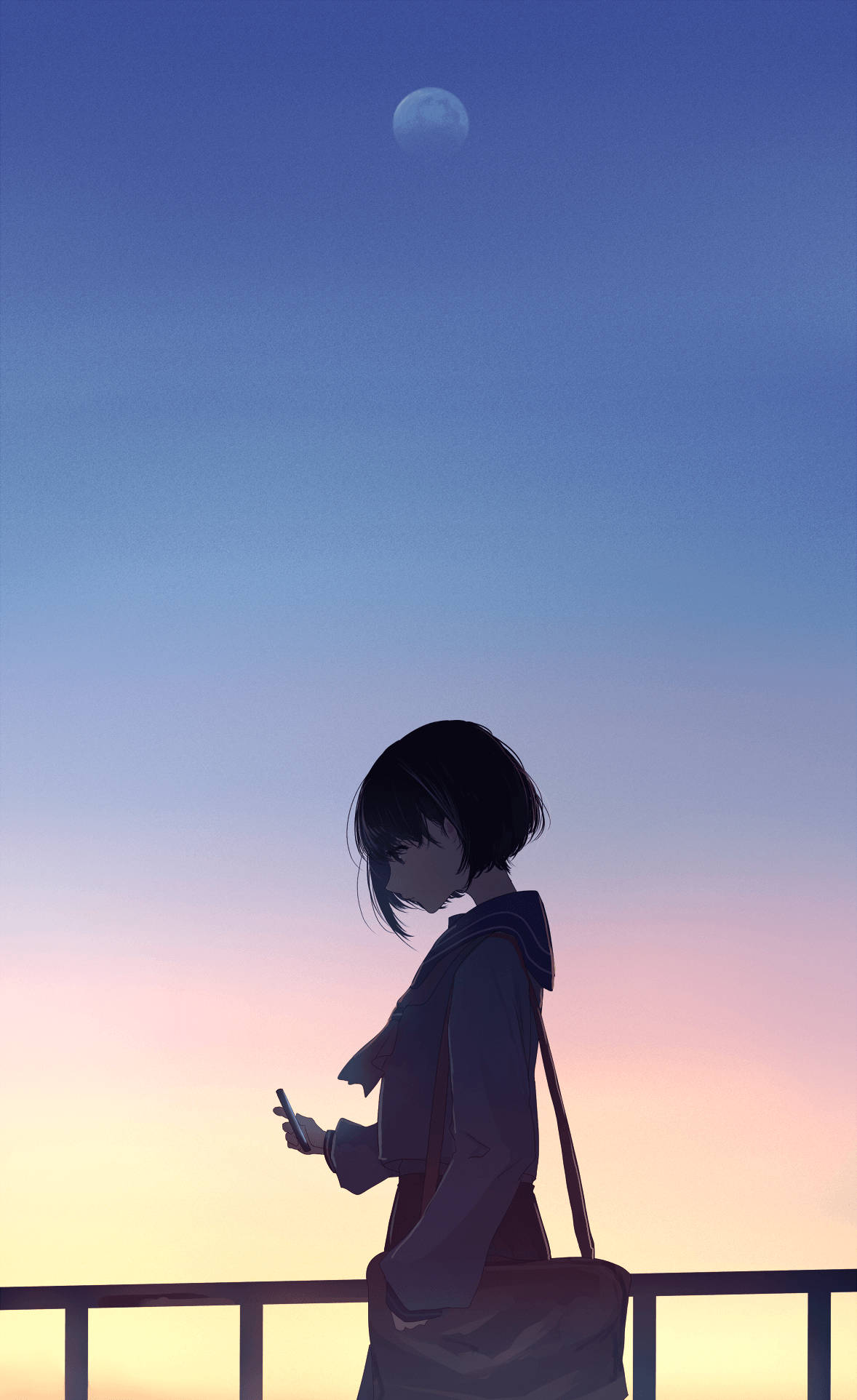 Mwanamke na Mwezi Anime Aesthetic Sunset Picha ya Ukuta