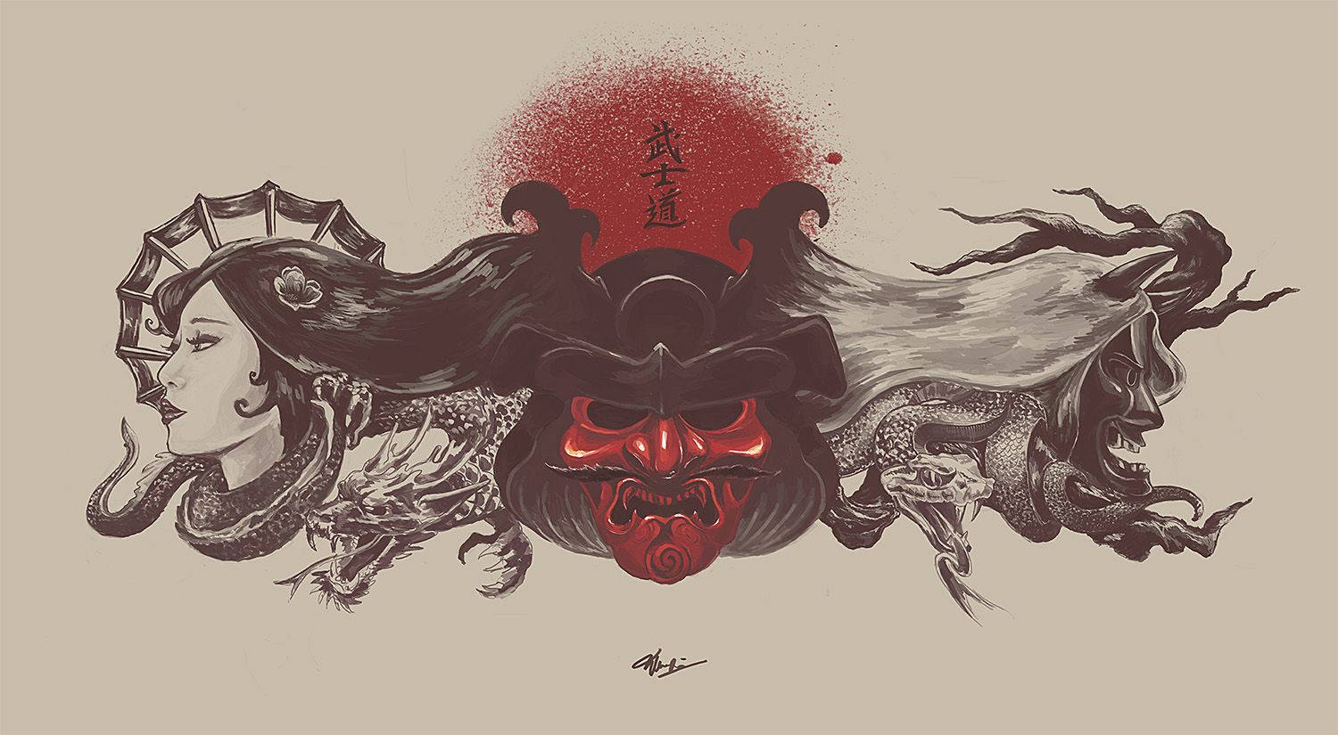 Mwanamke Samurai wa Japan na Shetani Picha ya Ukuta