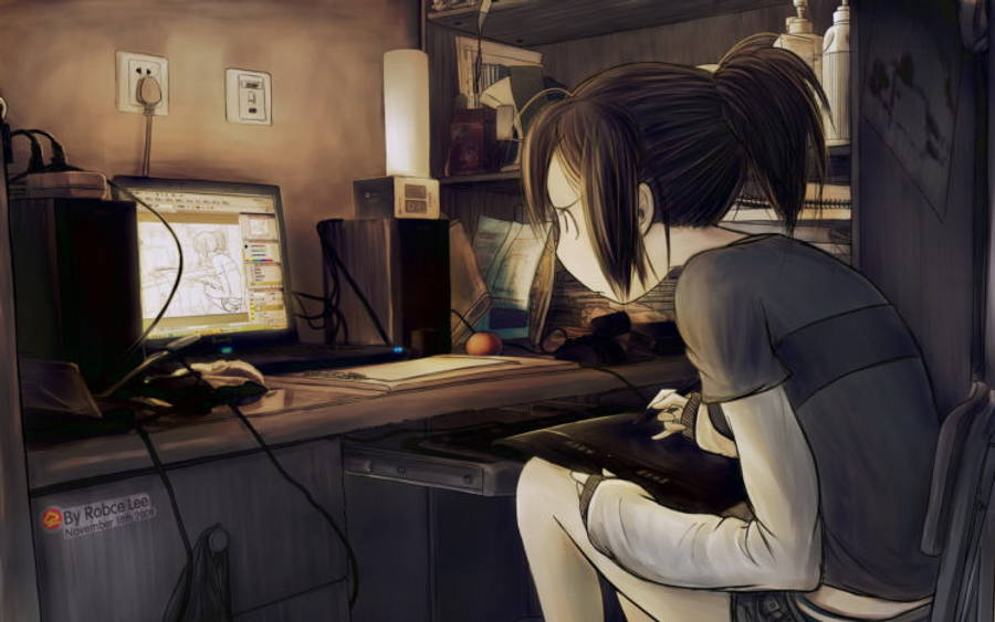 Mwanamke wa Anime Mwenye Kushangaa Mbele ya Laptop Picha ya Ukuta