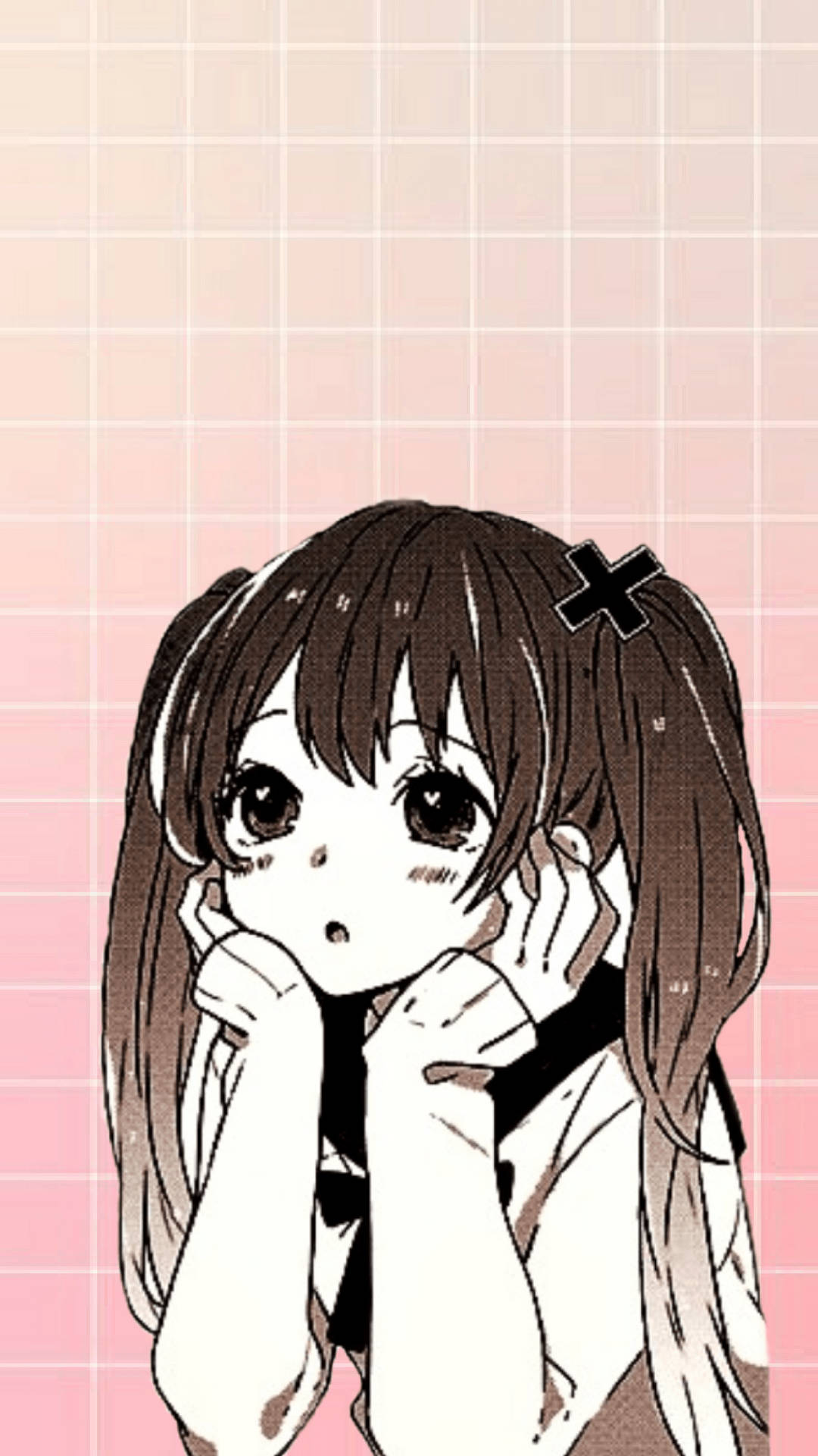 Mwanamke wa Anime Kawaii Akiwa na Mwendo wa Mikono kwenye Kinywa Picha ya Ukuta