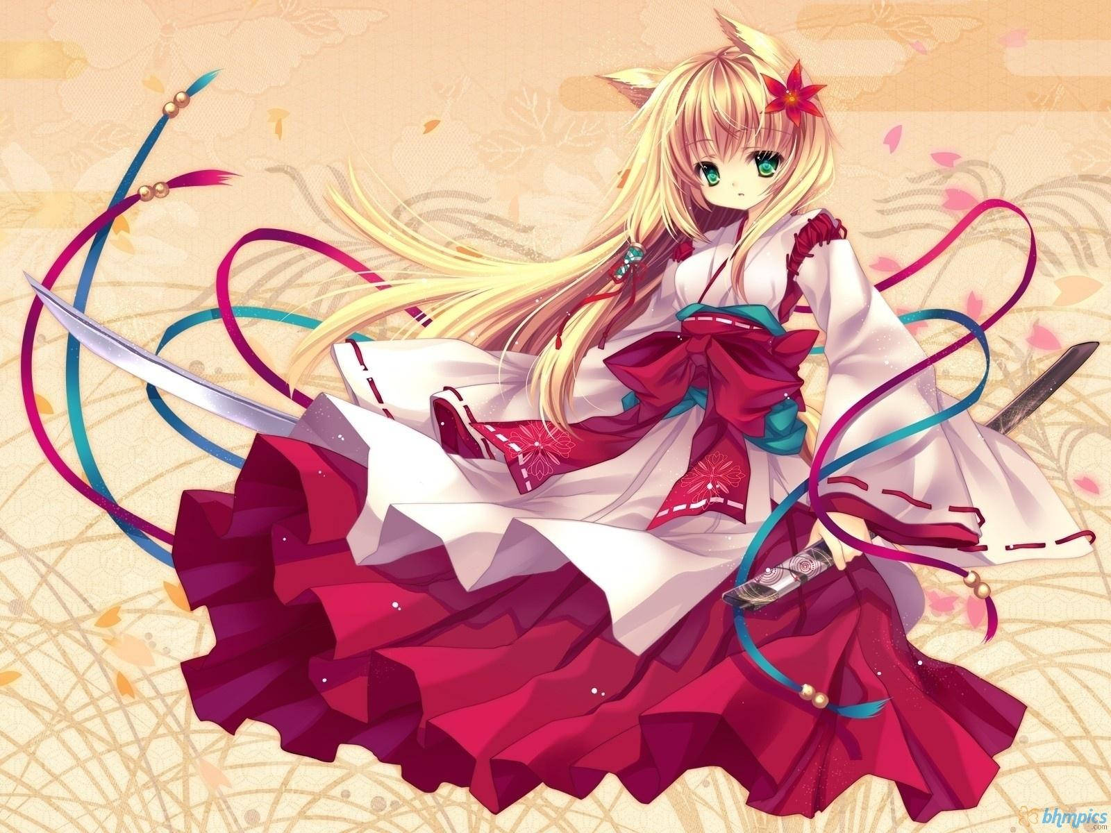 Mwanamke wa Anime Mrembo na Mshono wa Paka na Kimono Picha ya Ukuta