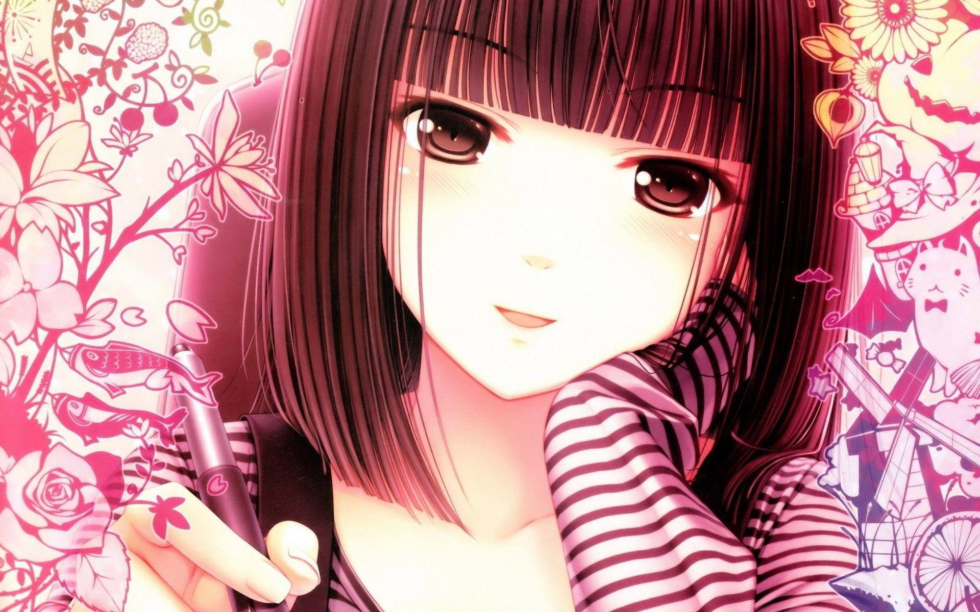 Mwanamke wa Anime Kawaii Akizamkia Kalamu na Doodles Picha ya Ukuta