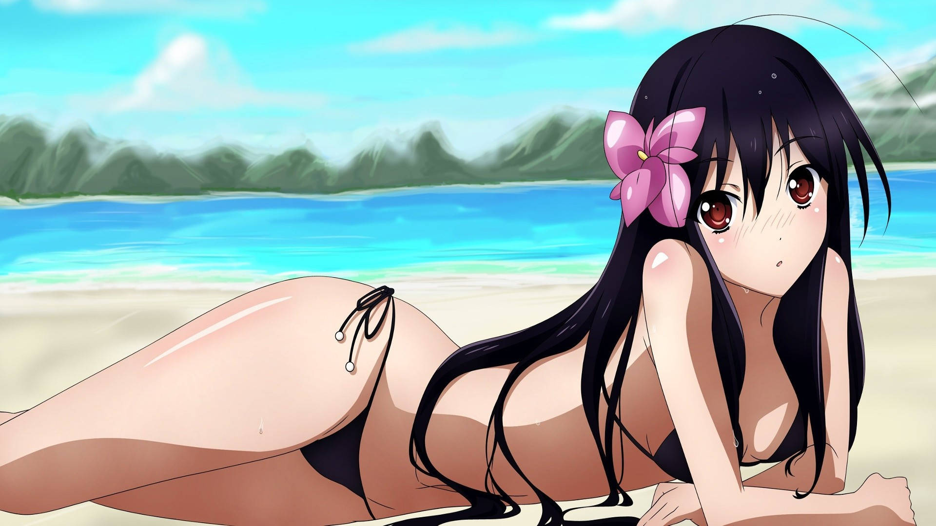 Mwanamke wa Anime Akiwa na Bikini Pwani Picha ya Ukuta
