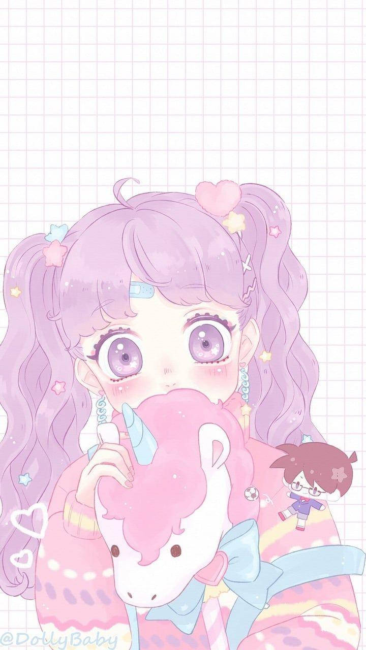 Mwanamke wa Anime Kawaii na Kifurushi cha Unicorn Picha ya Ukuta