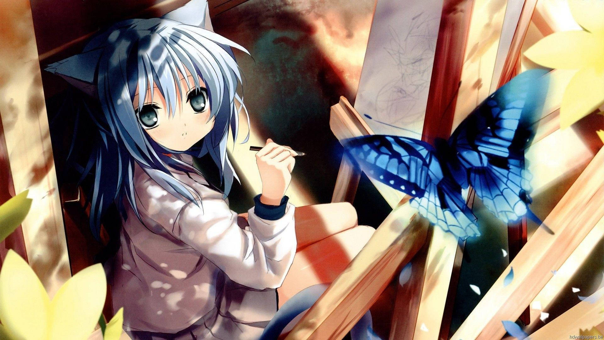 Mwanamke wa Anime Mrembo na Mshonoro wa Paka na Barafu Picha ya Ukuta