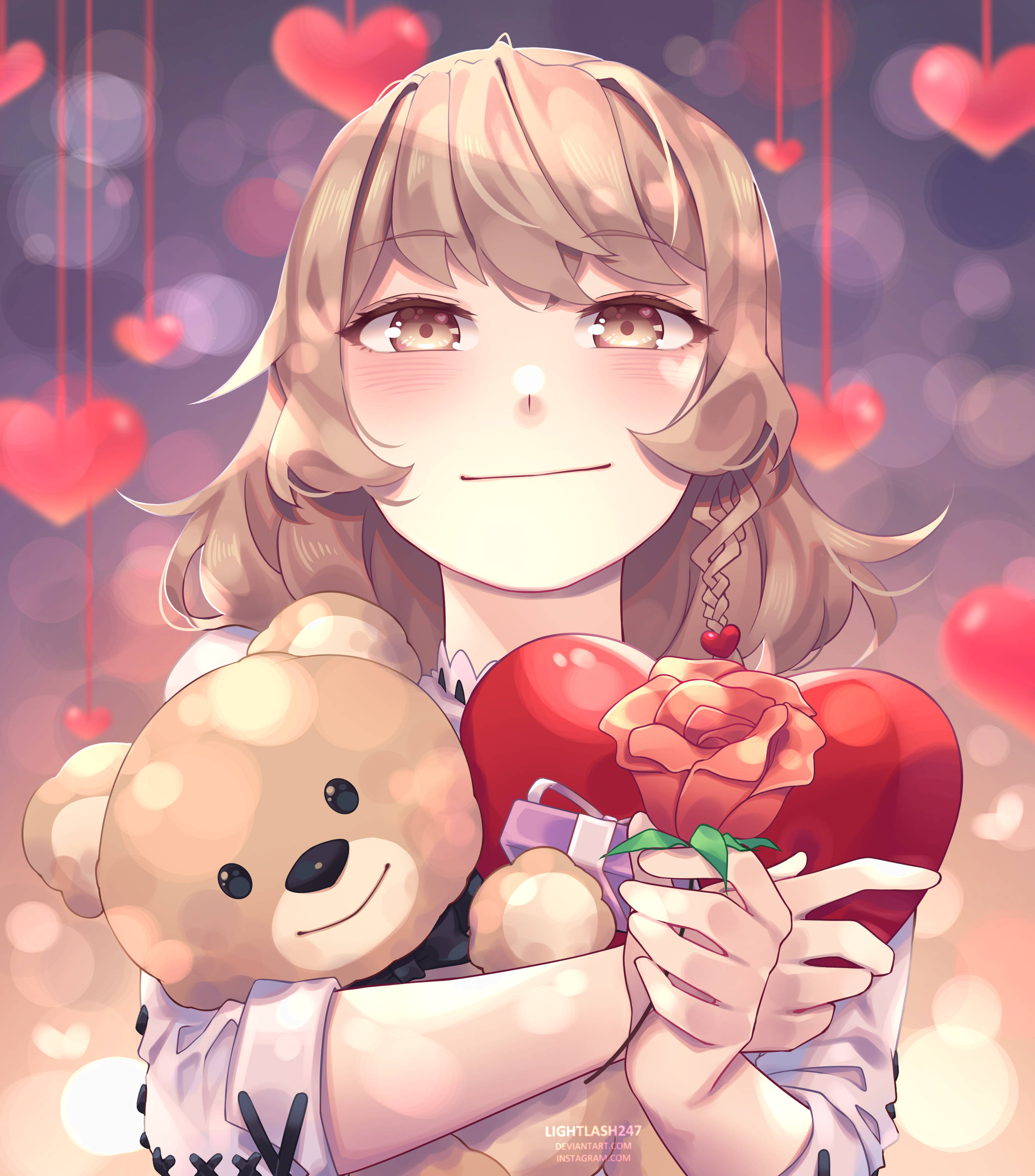 Cute Anime Girl Holding Hear And Bear Picha ya Ukuta