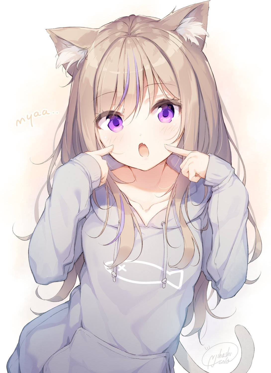 Mwanamke wa Anime wa Hoodie na Kitu cha Mnyama Picha ya Ukuta