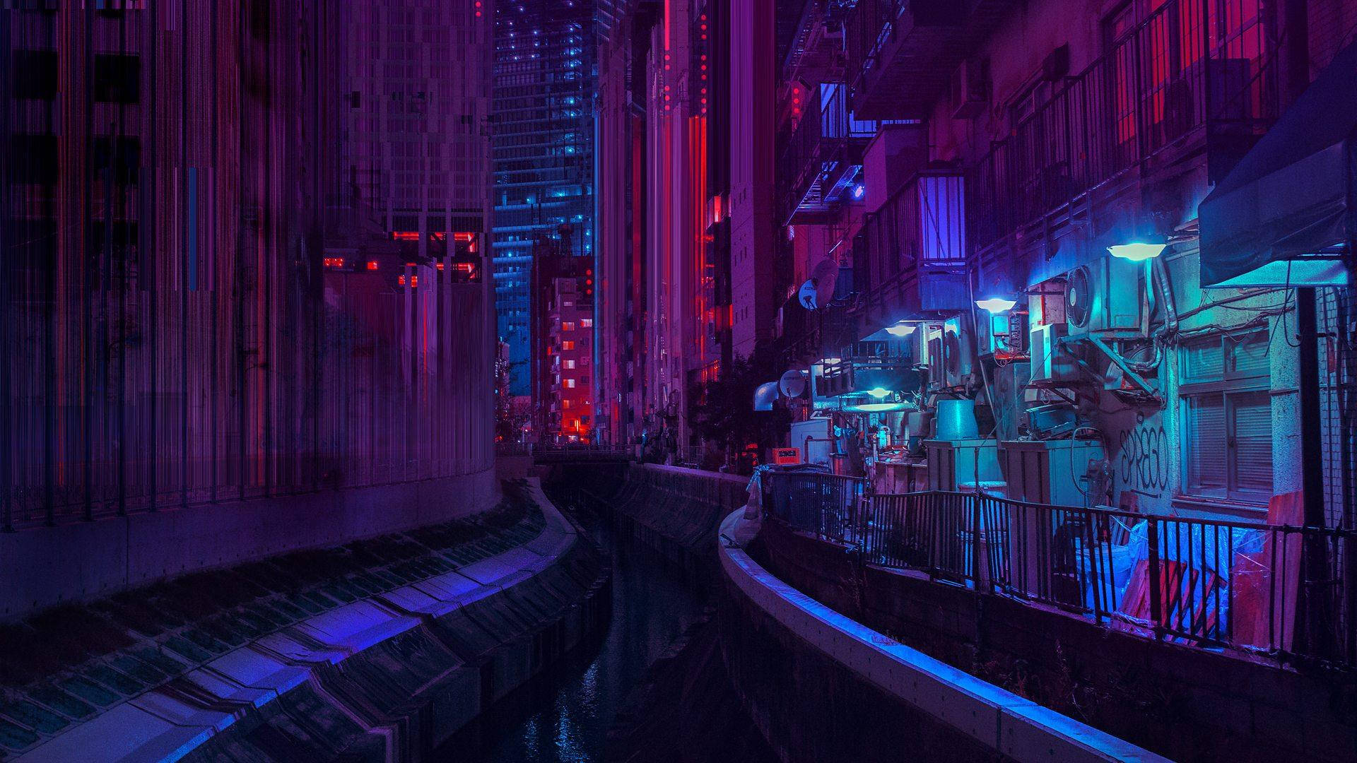 Mwangaza wa Jiji la Tokyo Zambarau Aesthetic Anime Picha ya Ukuta