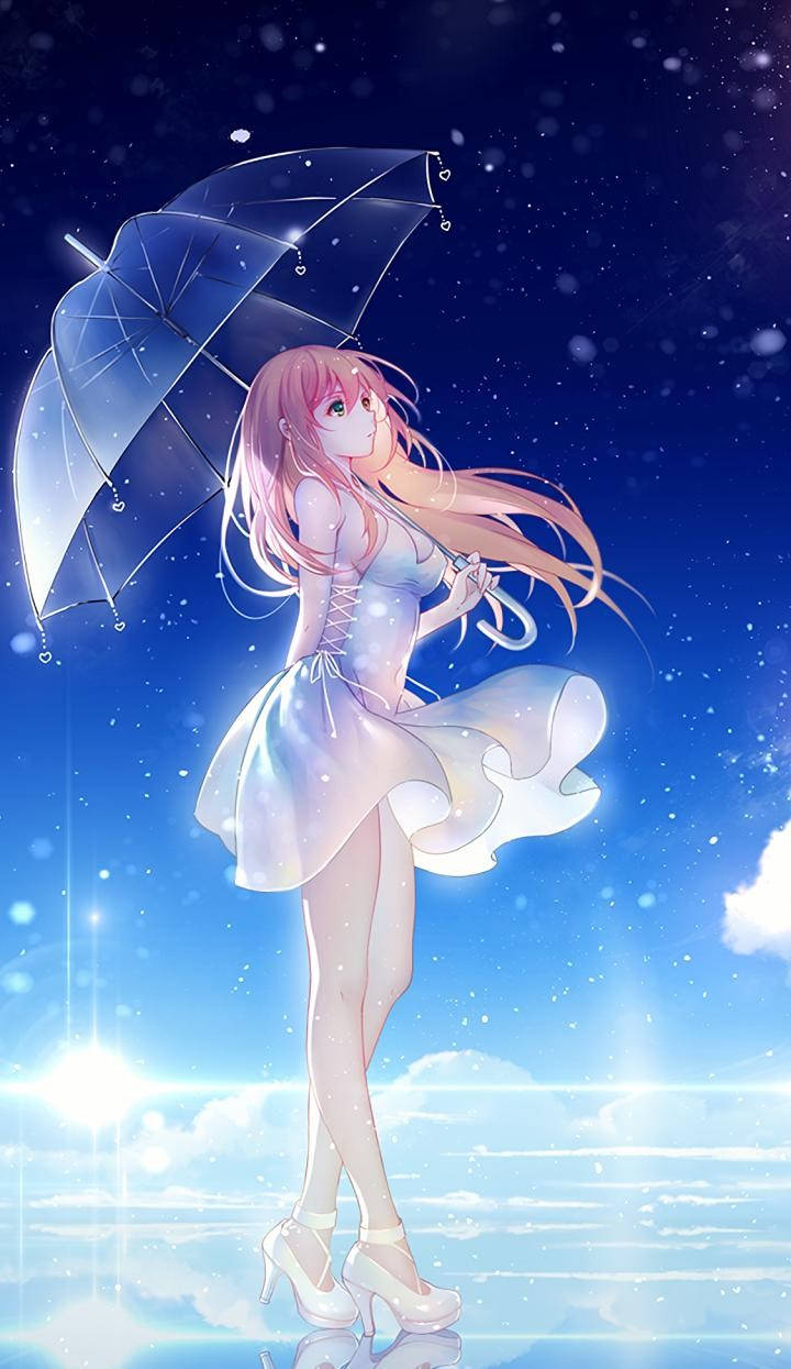 Mwavuli wa Kupendeza na Msichana wa Anime Simu Picha ya Ukuta
