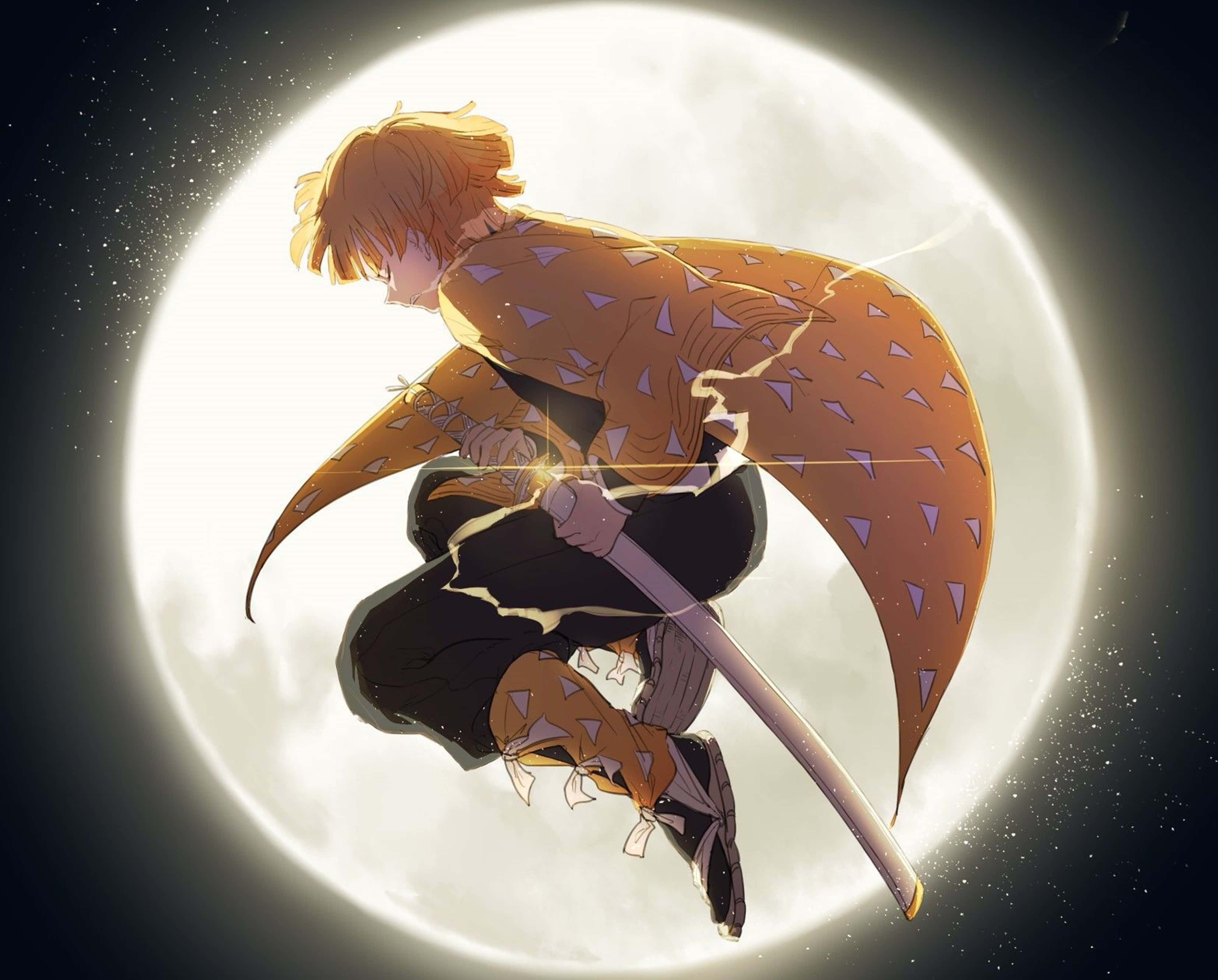 Mwezi Ukiwa na Zenitsu wa Demon Slayer 4K Picha ya Ukuta