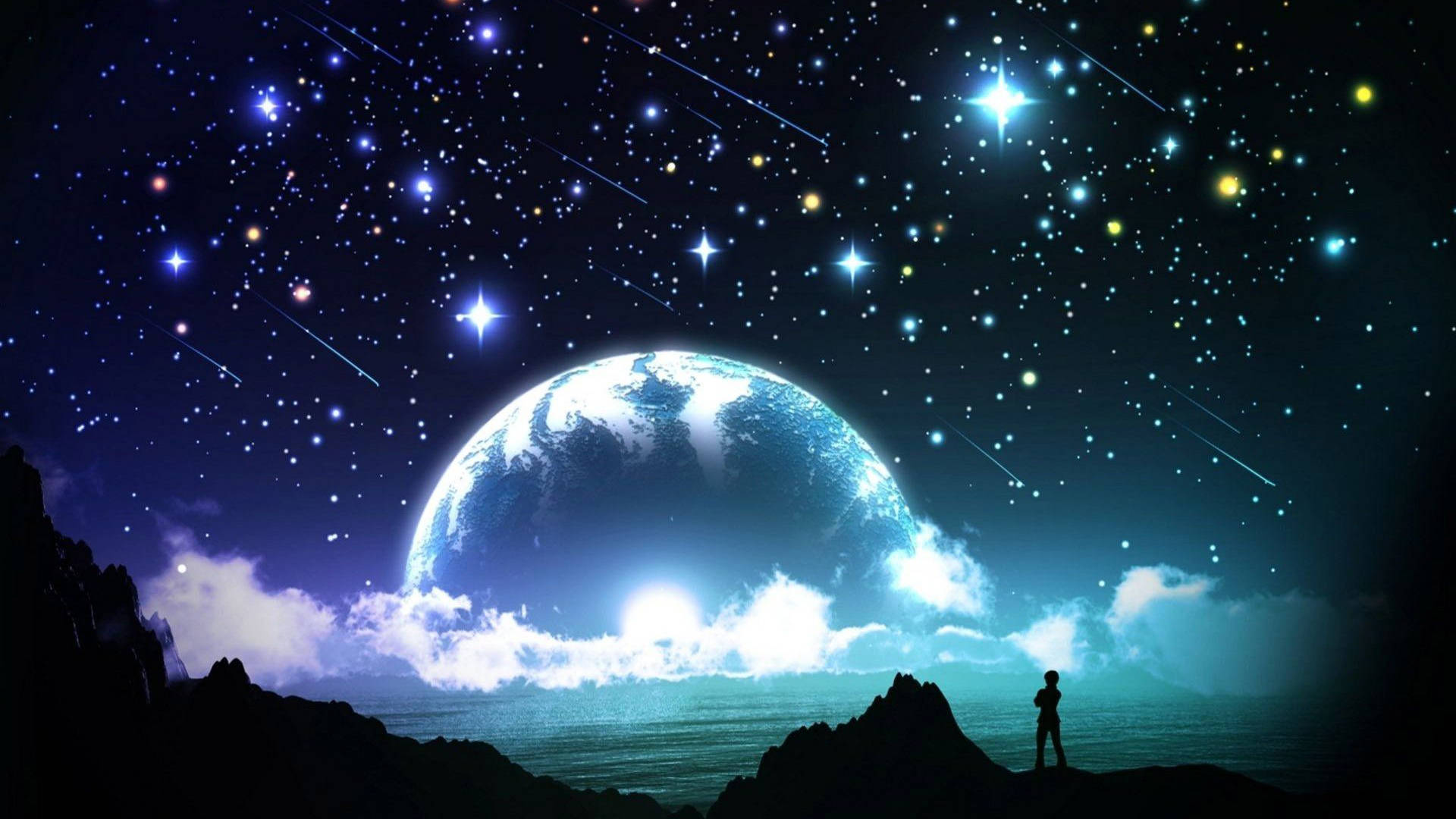 Mwezi wa Galaxy na Nyota Zinazometameta Picha ya Ukuta