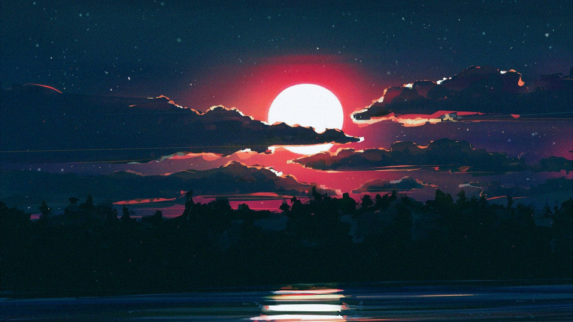 Mwezi wa Silhouette Aesthetic katika Picha ya Dijiti Picha ya Ukuta